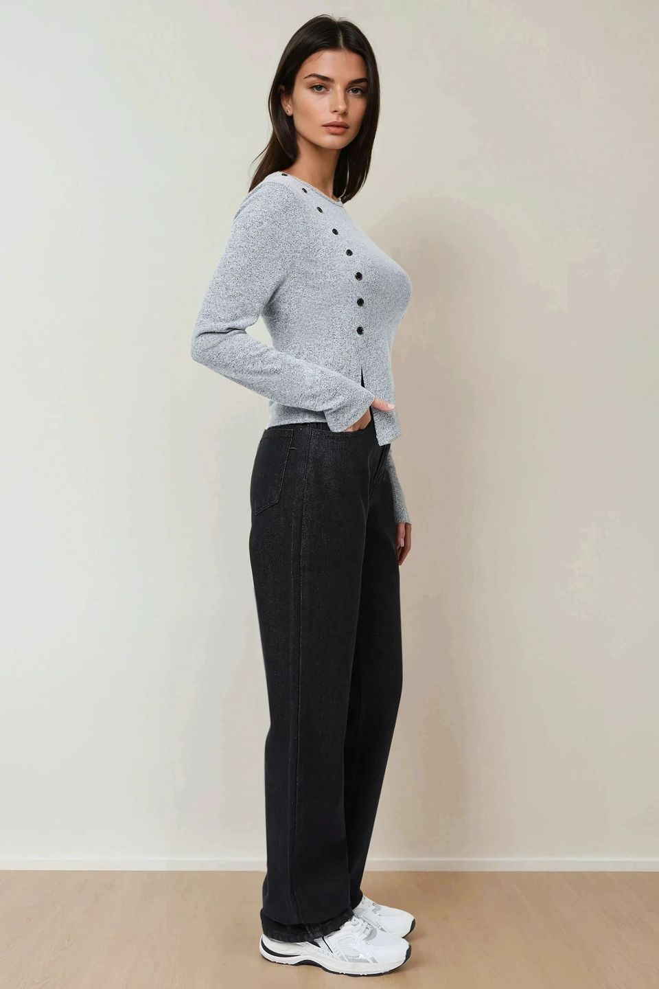 Textured Long Sleeve Buttoned Slim Fit Top