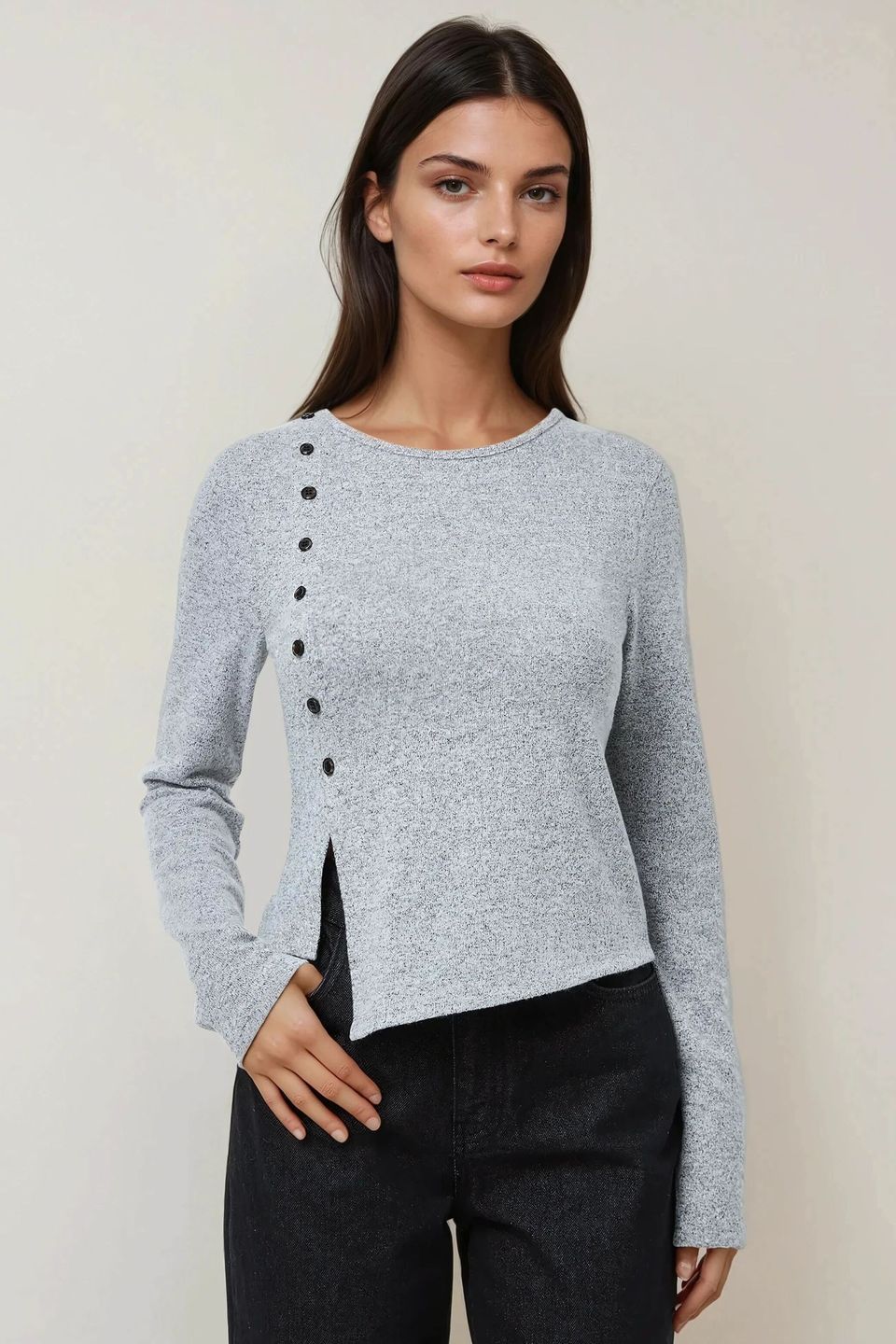 Textured Long Sleeve Buttoned Slim Fit Top