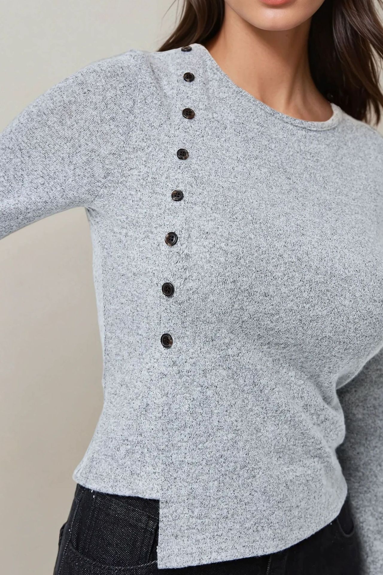 Textured Long Sleeve Buttoned Slim Fit Top