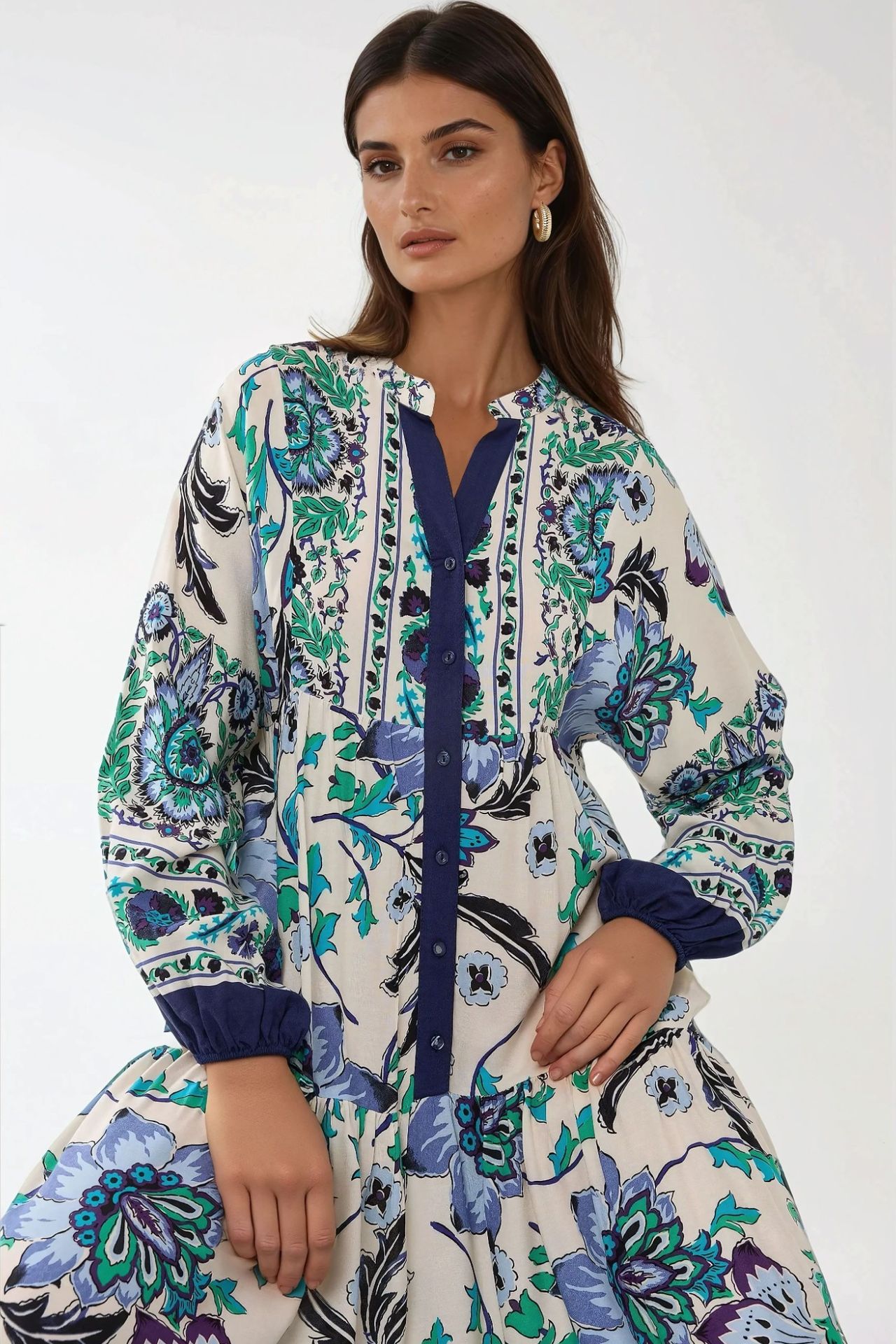 Printed Long Sleeve Viscose Maxi Dress 