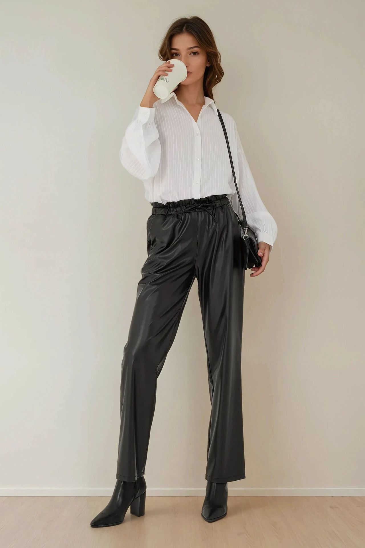 Faux Leather Elastic Waist Straight Leg Pants