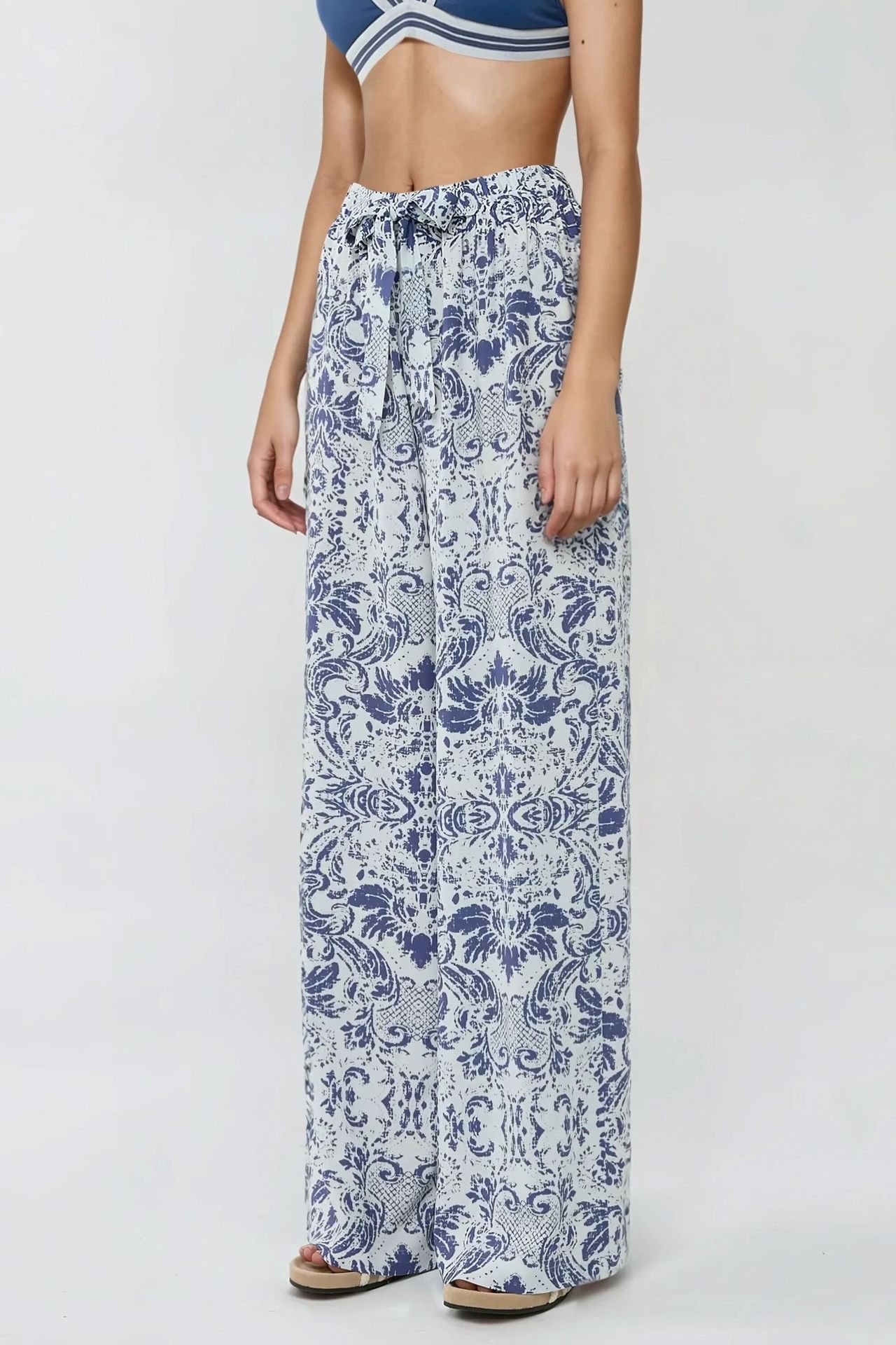 Wide Leg Elastic Waist Printed Pants