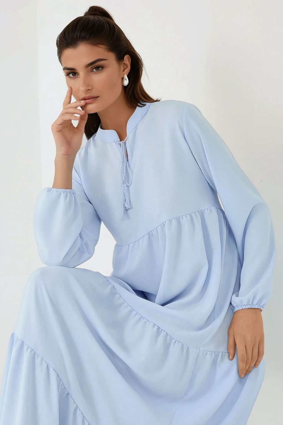 Textured Crew Neck Maxi Dress with Buttons