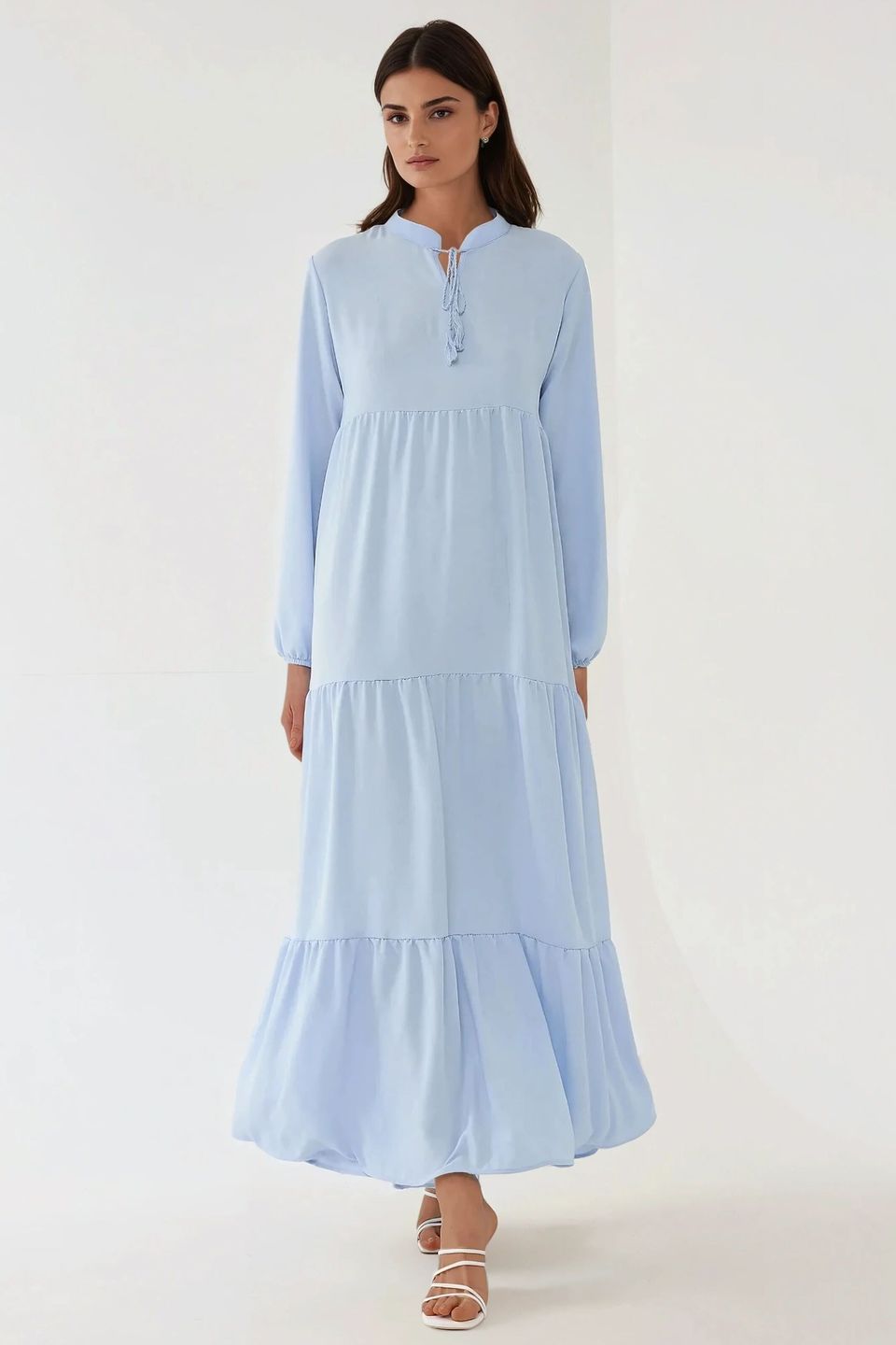 Textured Crew Neck Maxi Dress with Buttons