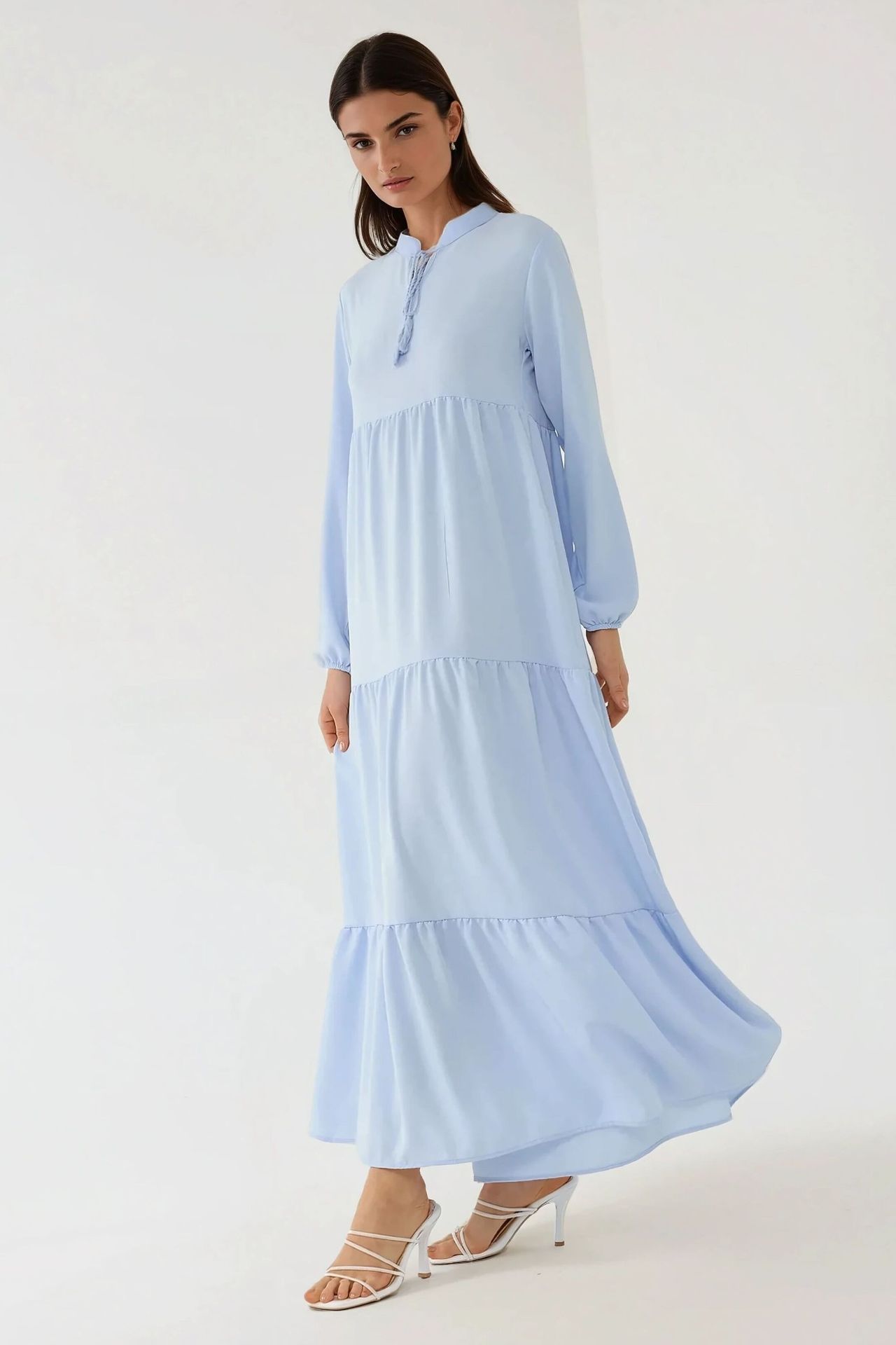 Textured Crew Neck Maxi Dress with Buttons