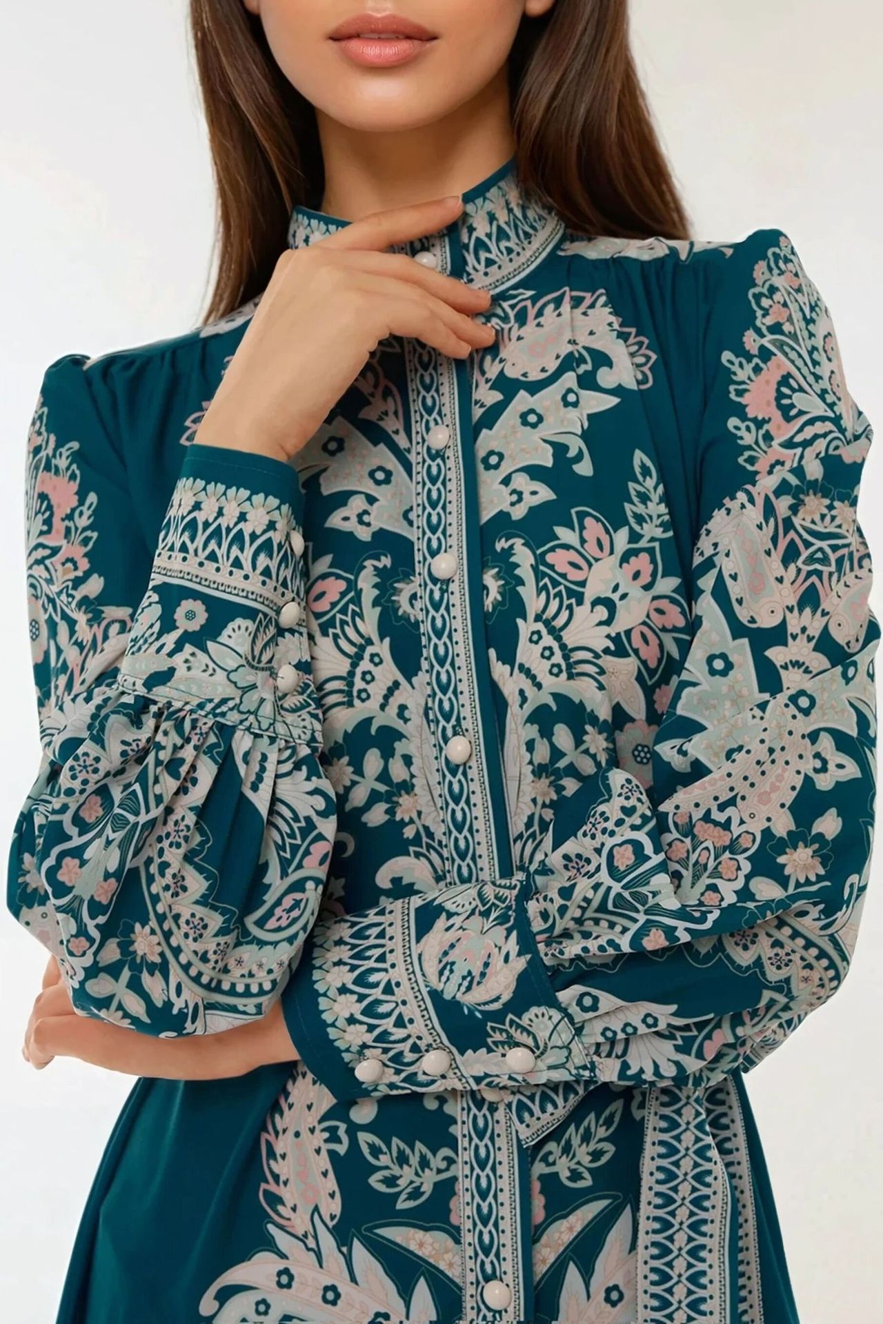 Printed Long Sleeve Maxi Dress with Belt