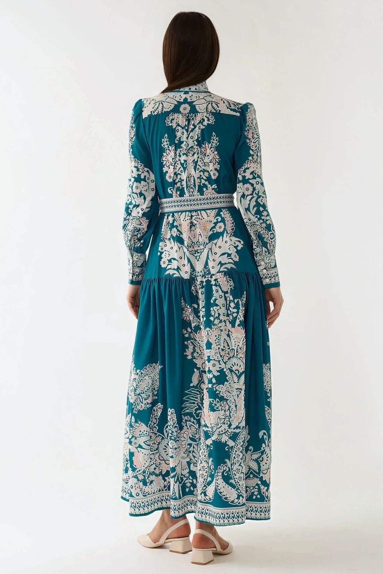 Printed Long Sleeve Maxi Dress with Belt
