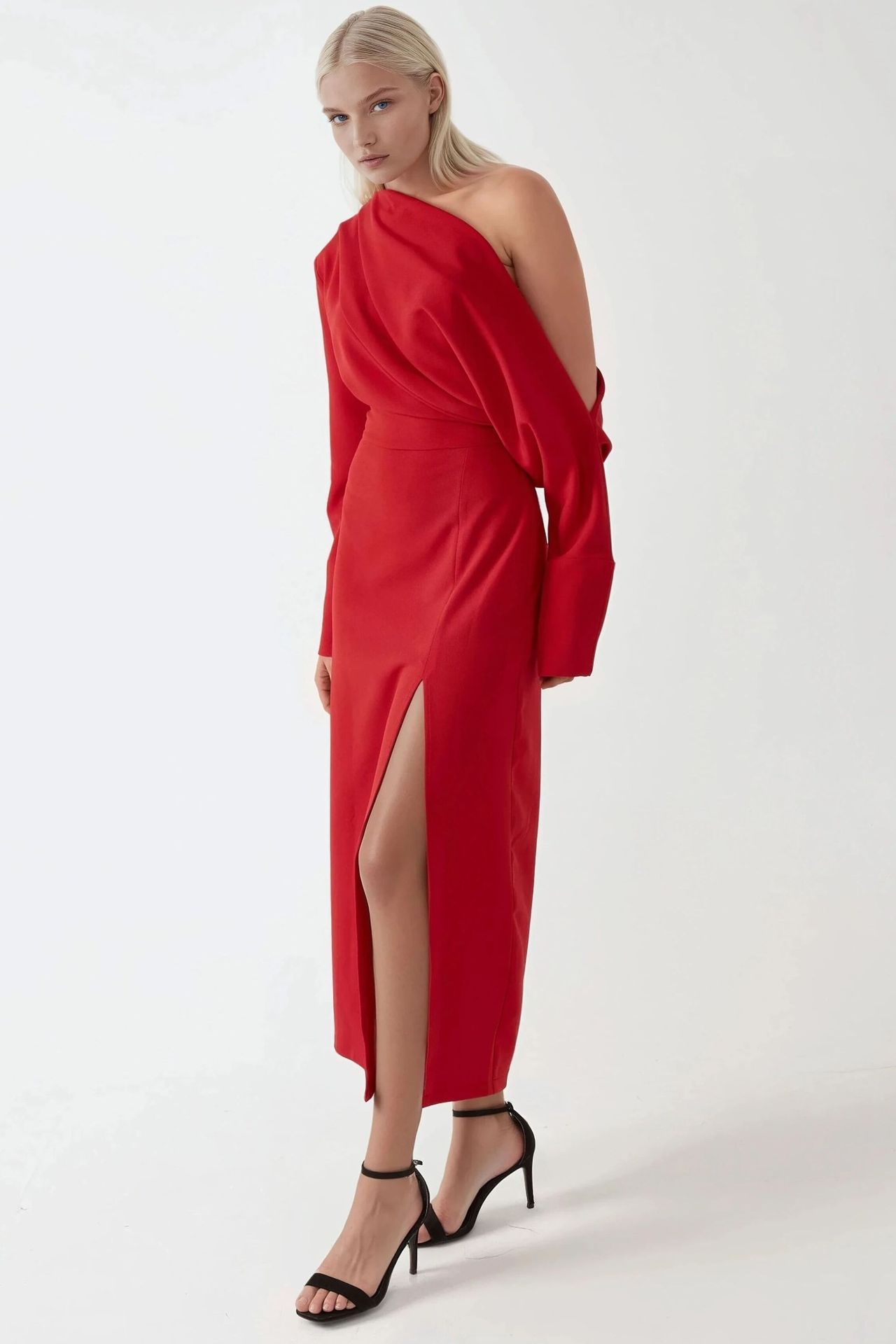 Asymmetrical Collar Bodycon Midi Dress with Slit