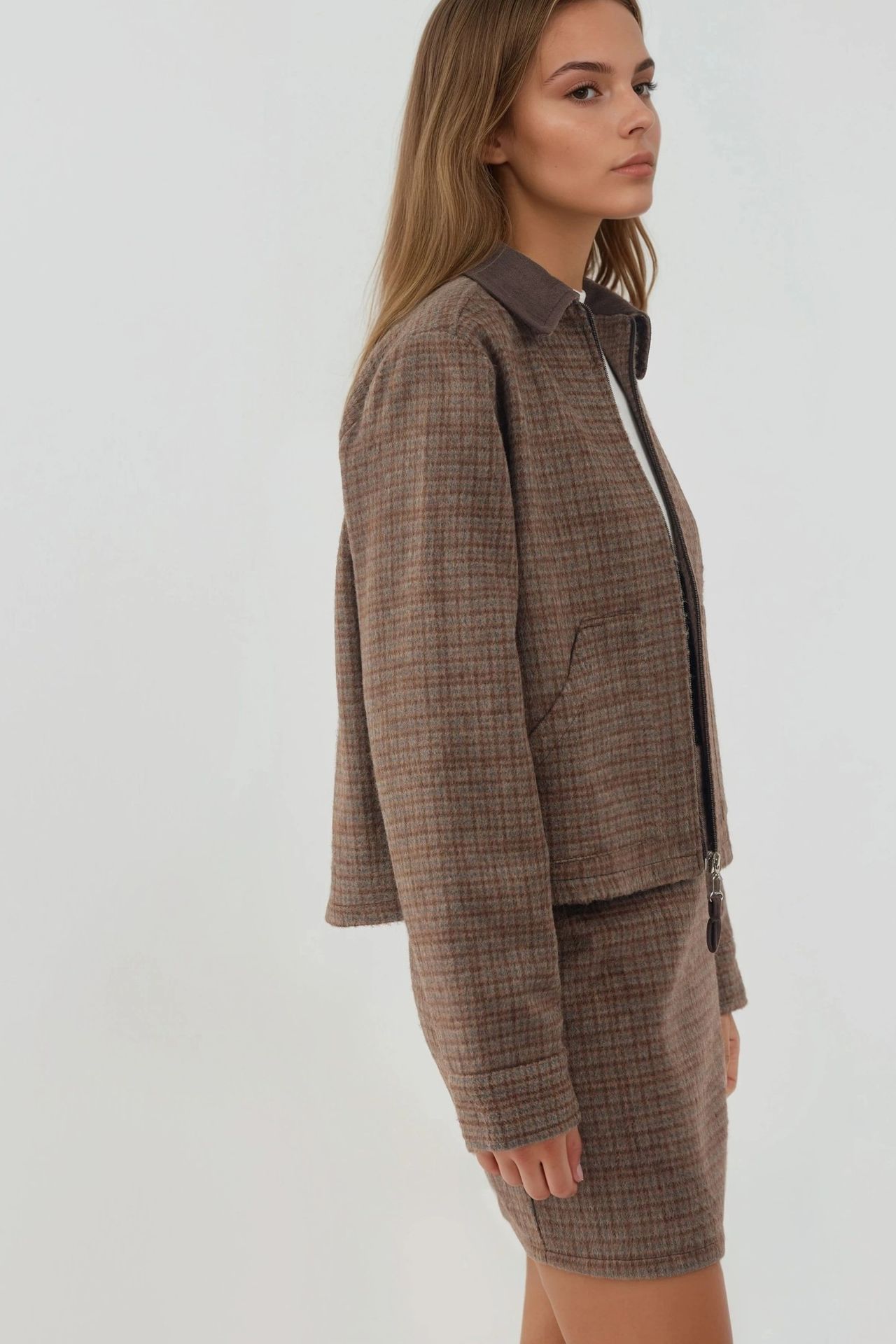 Plaid Patterned Wool Blend Jacket with Suede Collar