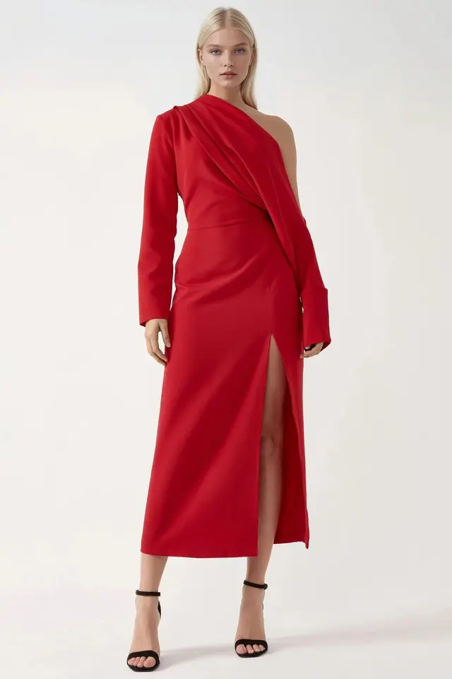 Asymmetrical Collar Bodycon Midi Dress with Slit
