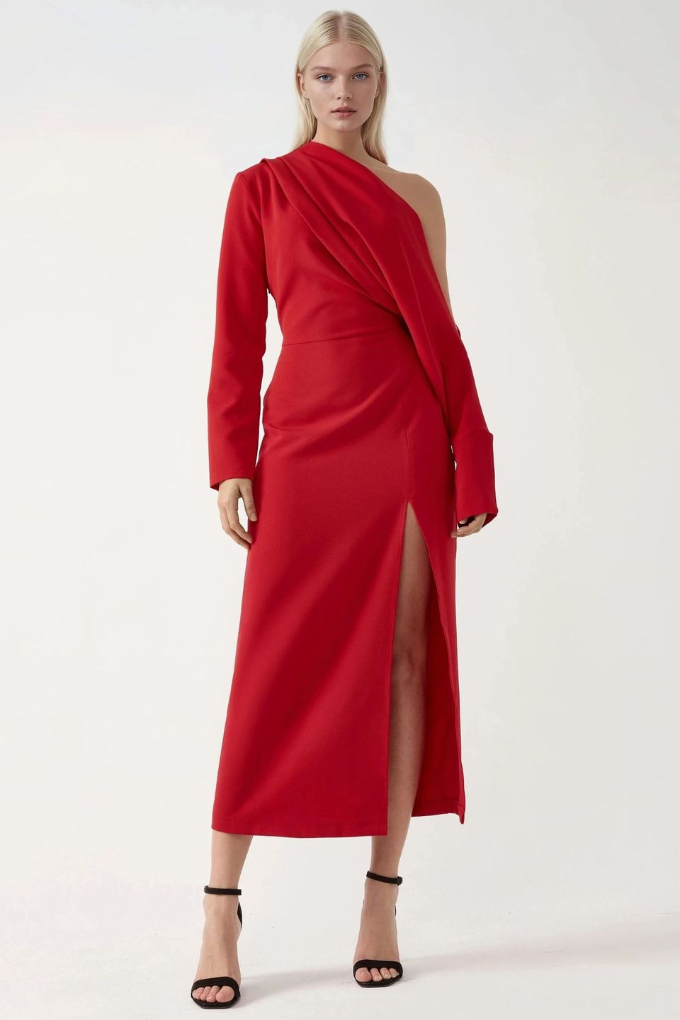 Asymmetrical Collar Bodycon Midi Dress with Slit
