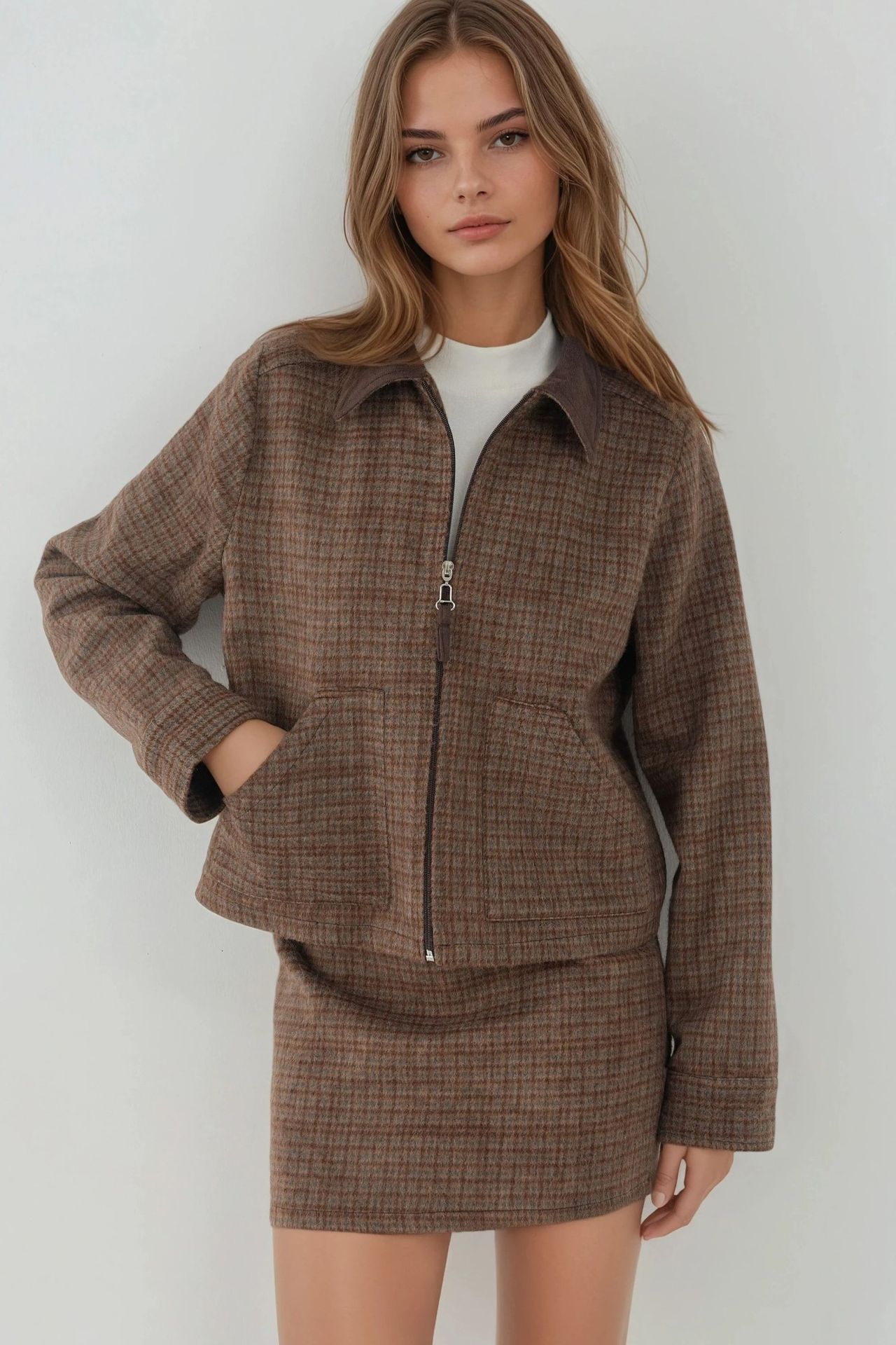 Plaid Patterned Wool Blend Jacket with Suede Collar