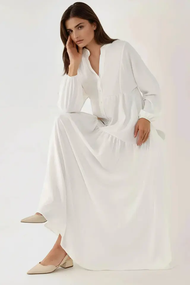 Textured V-Neck Maxi Dress with Button Detail