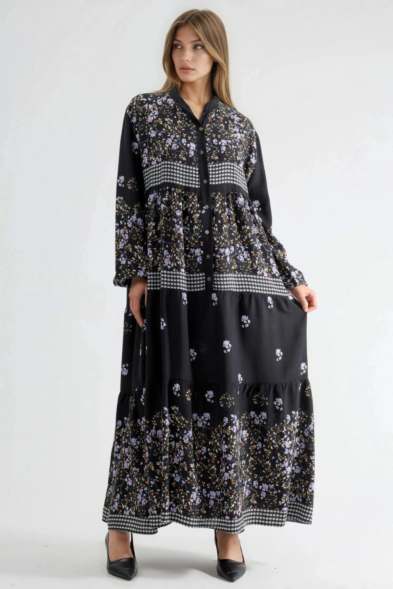 Patterned V-Neck Maxi Dress with Button Closure 7