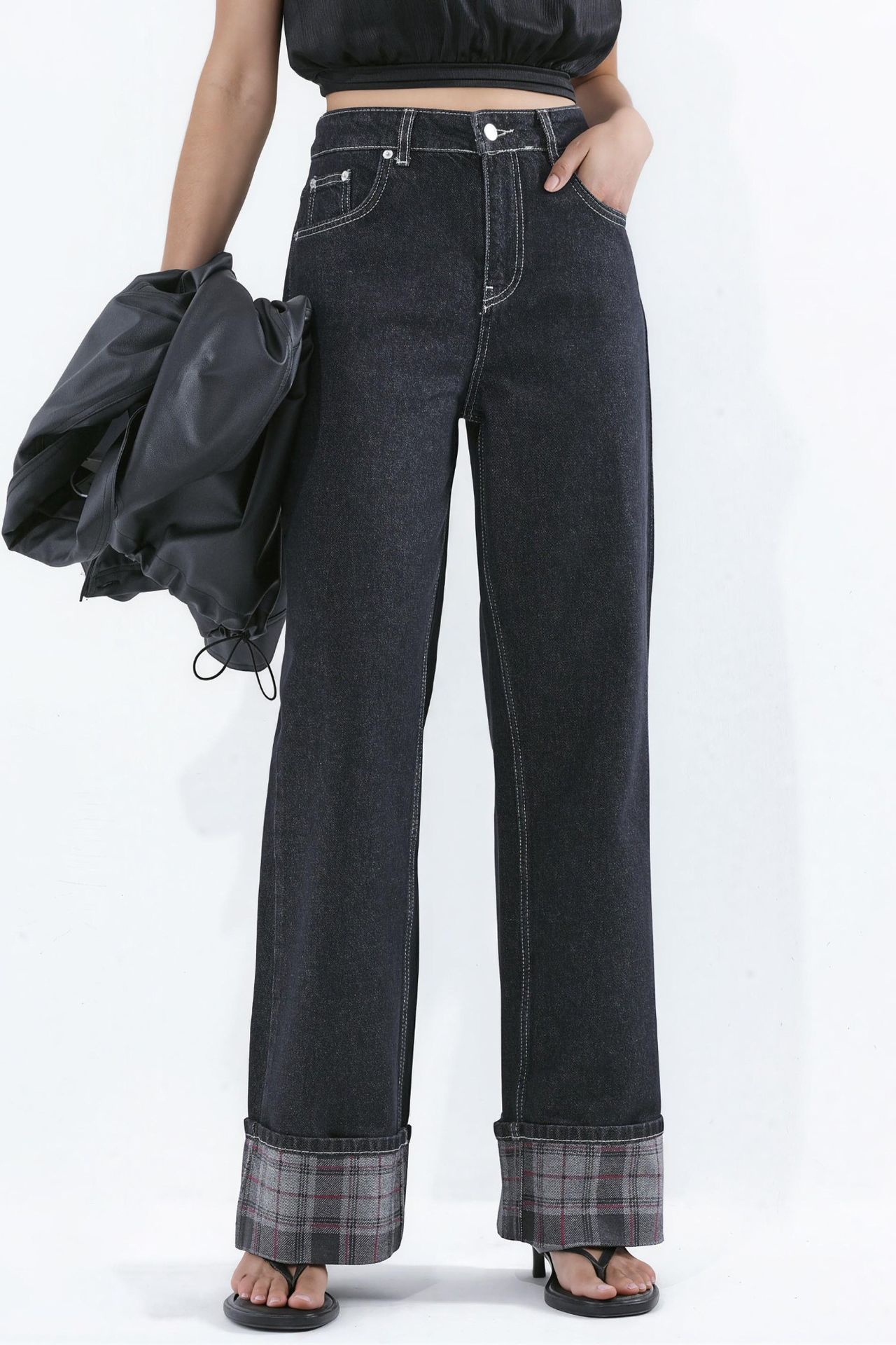 High Waist Wide Leg Jeans with Plaid Hem Detail