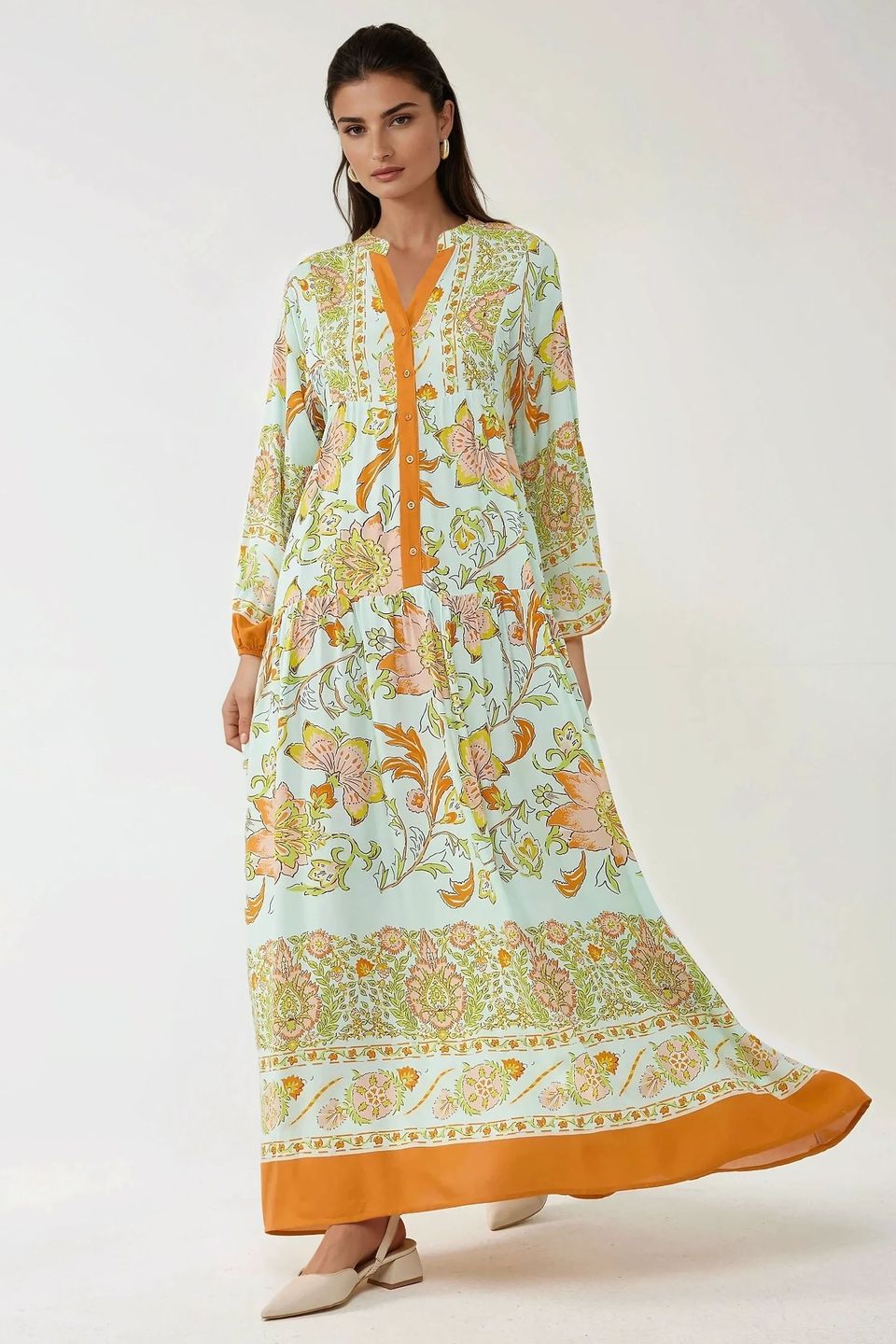 Printed Long Sleeve Viscose Maxi Dress 