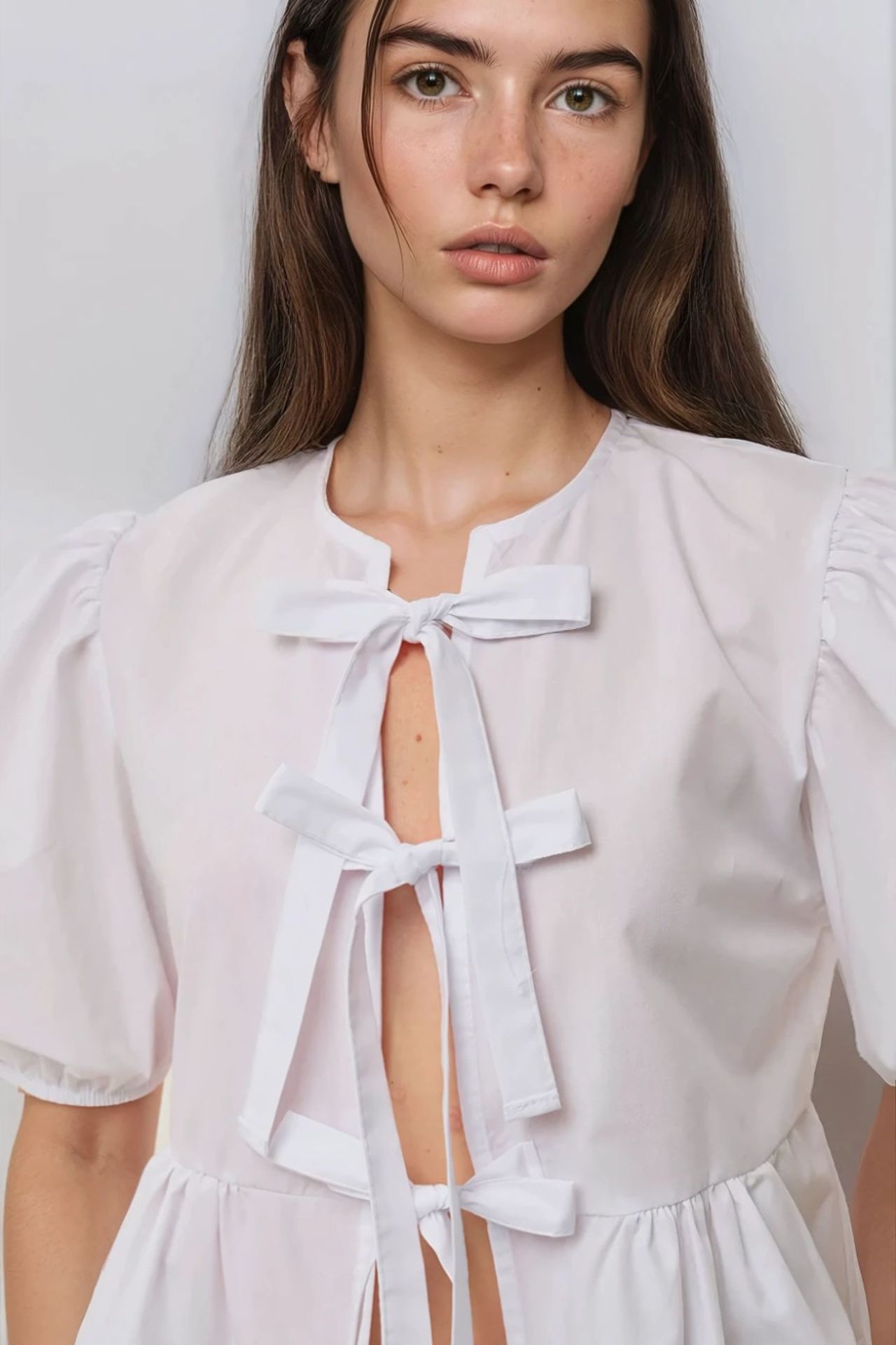 Cotton Crew Neck Blouse with Bow Detail