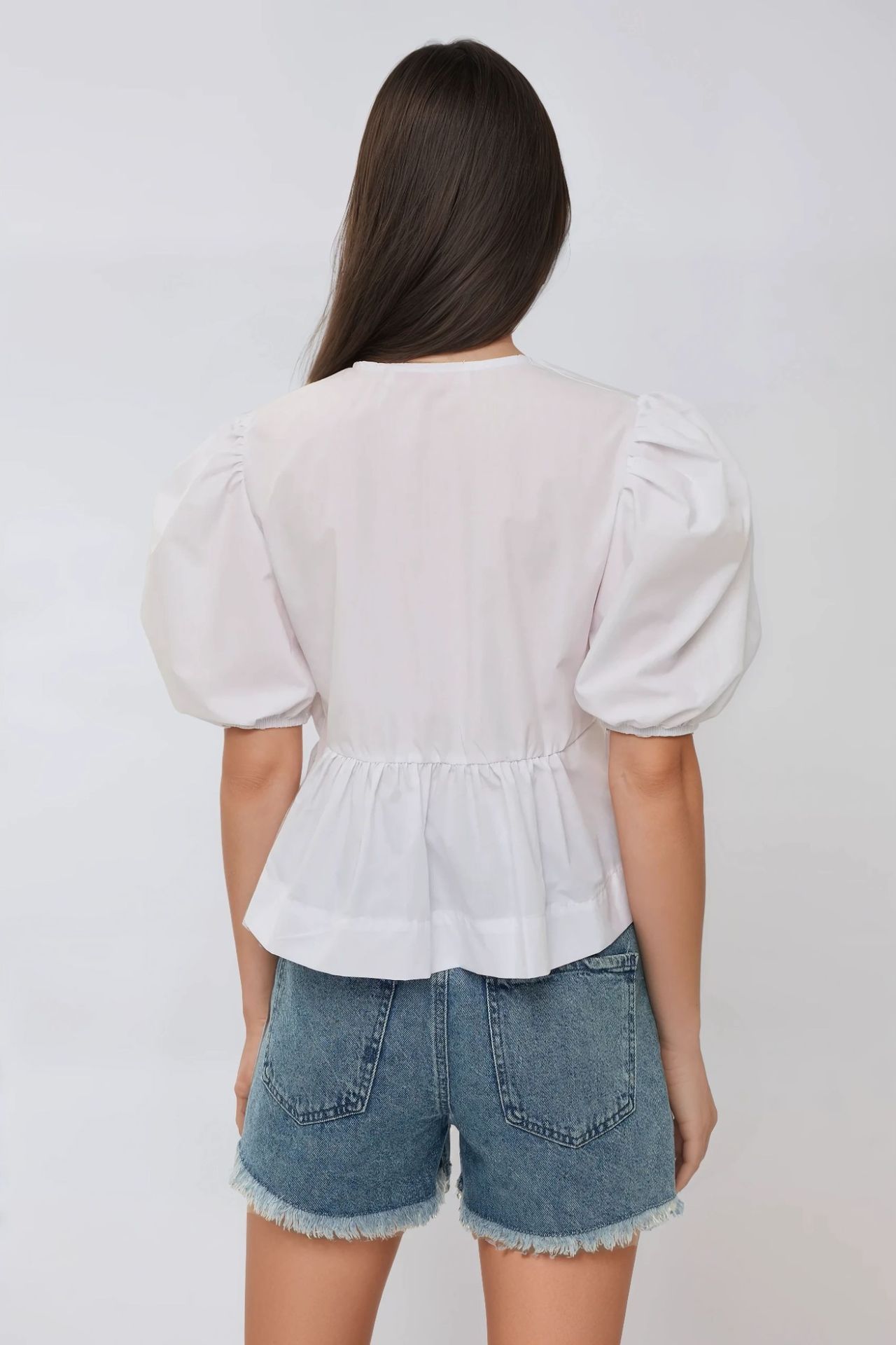 Cotton Crew Neck Blouse with Bow Detail