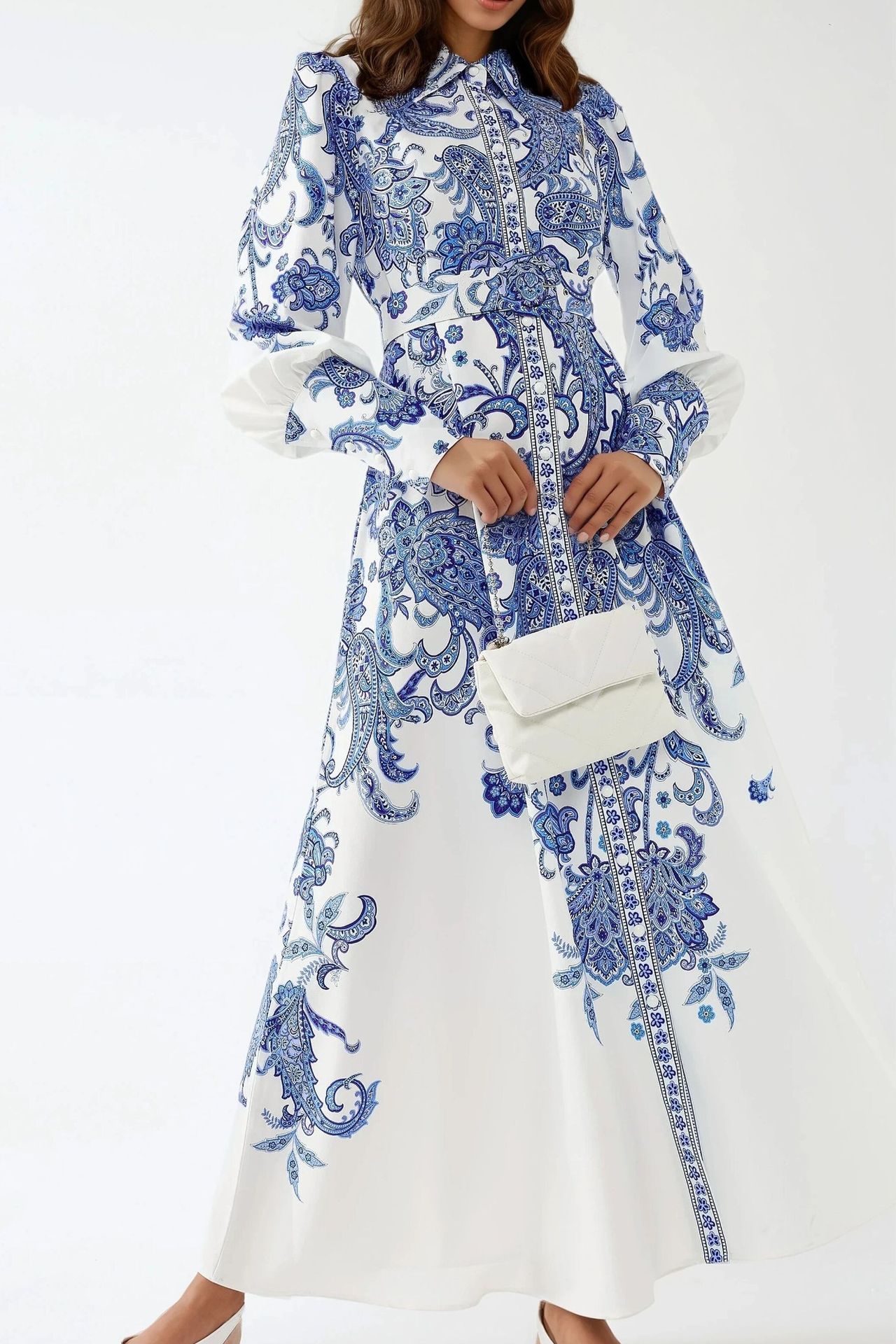 Printed Maxi Dress with Shirt Collar and Button Detail