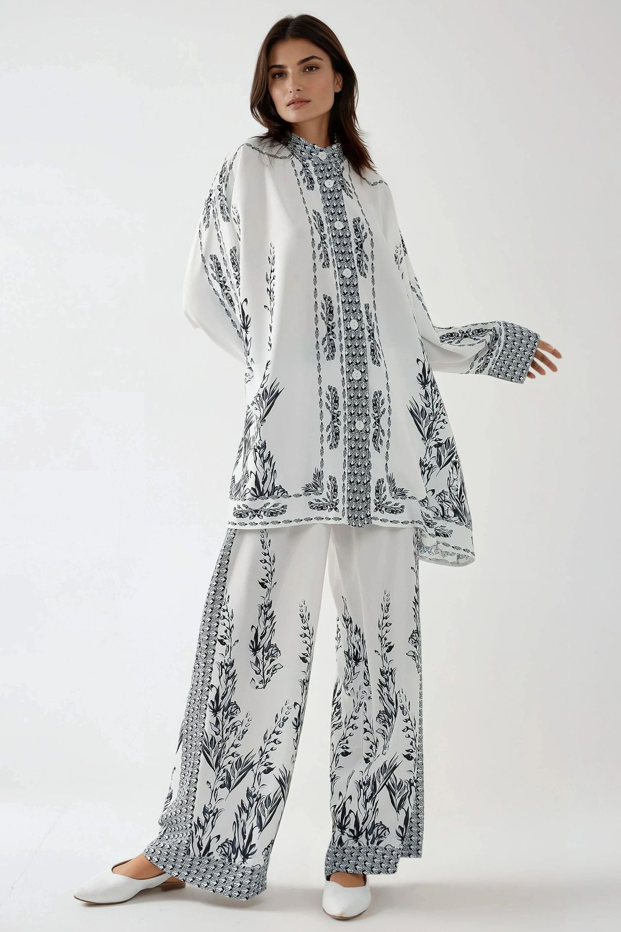 Printed Shrt & High Waist Wide Leg Two-Piece Set