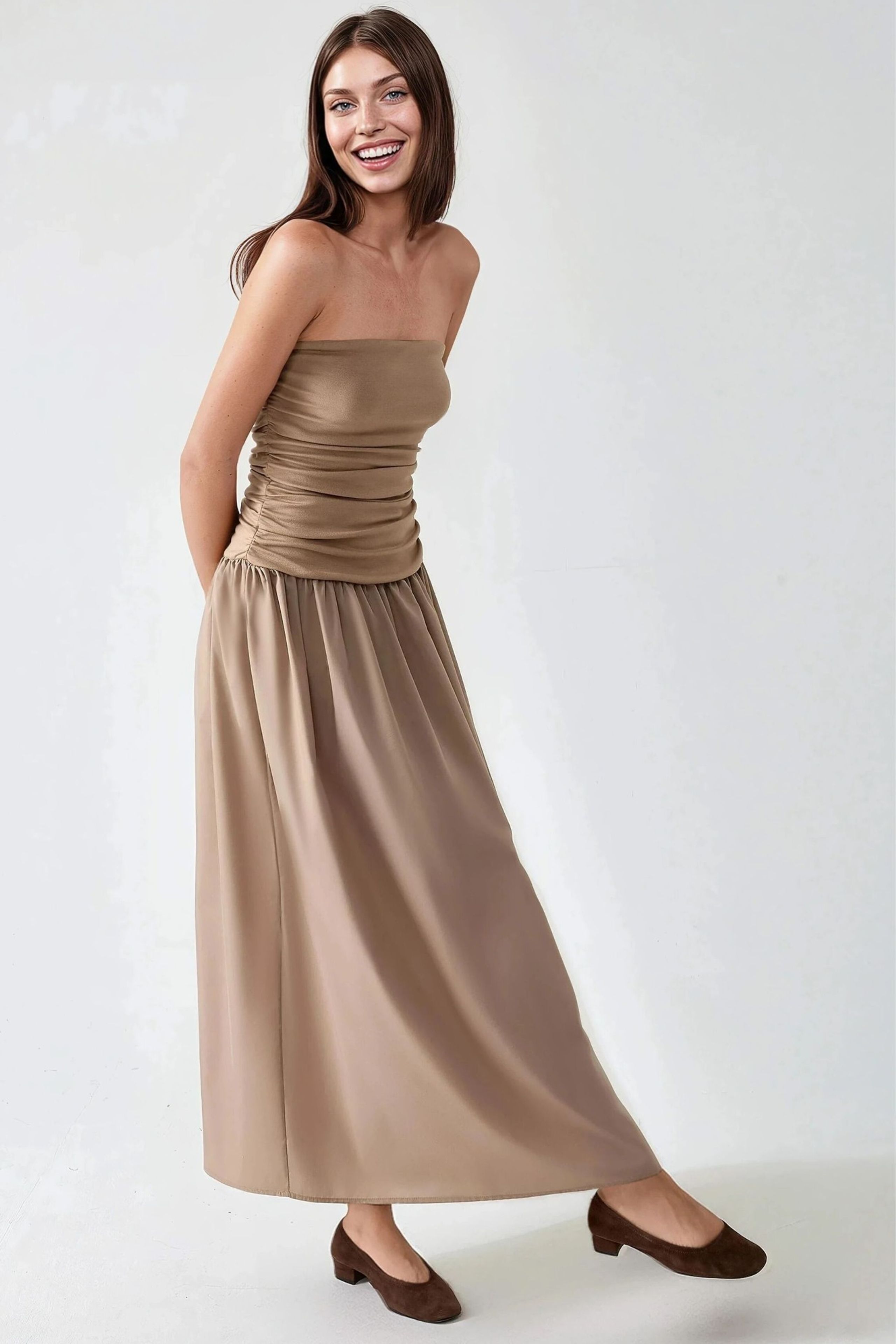 Brown Strapless Maxi Dress With A-form Fit Women