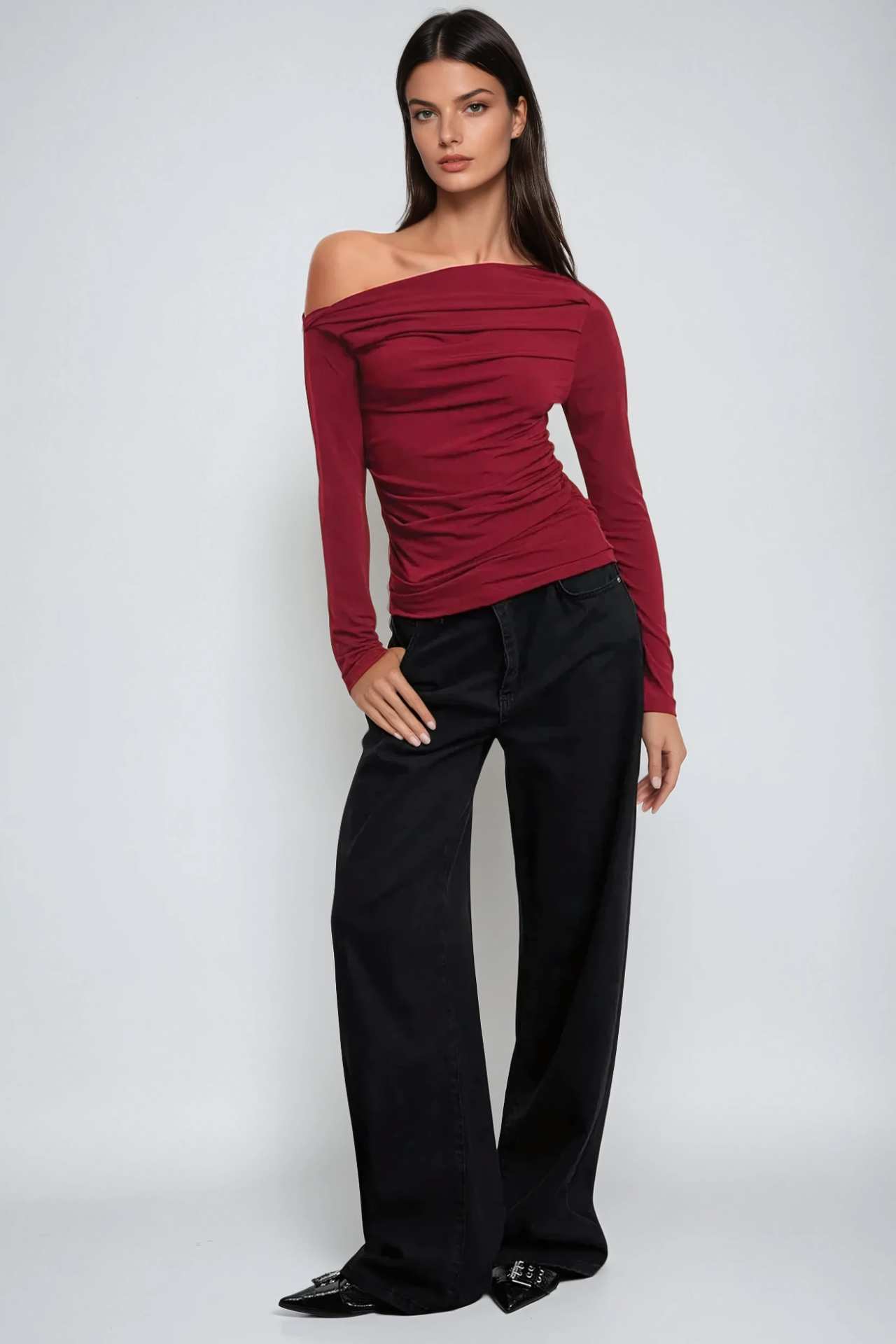 Textured Asymmetrical Collar Drapped Top