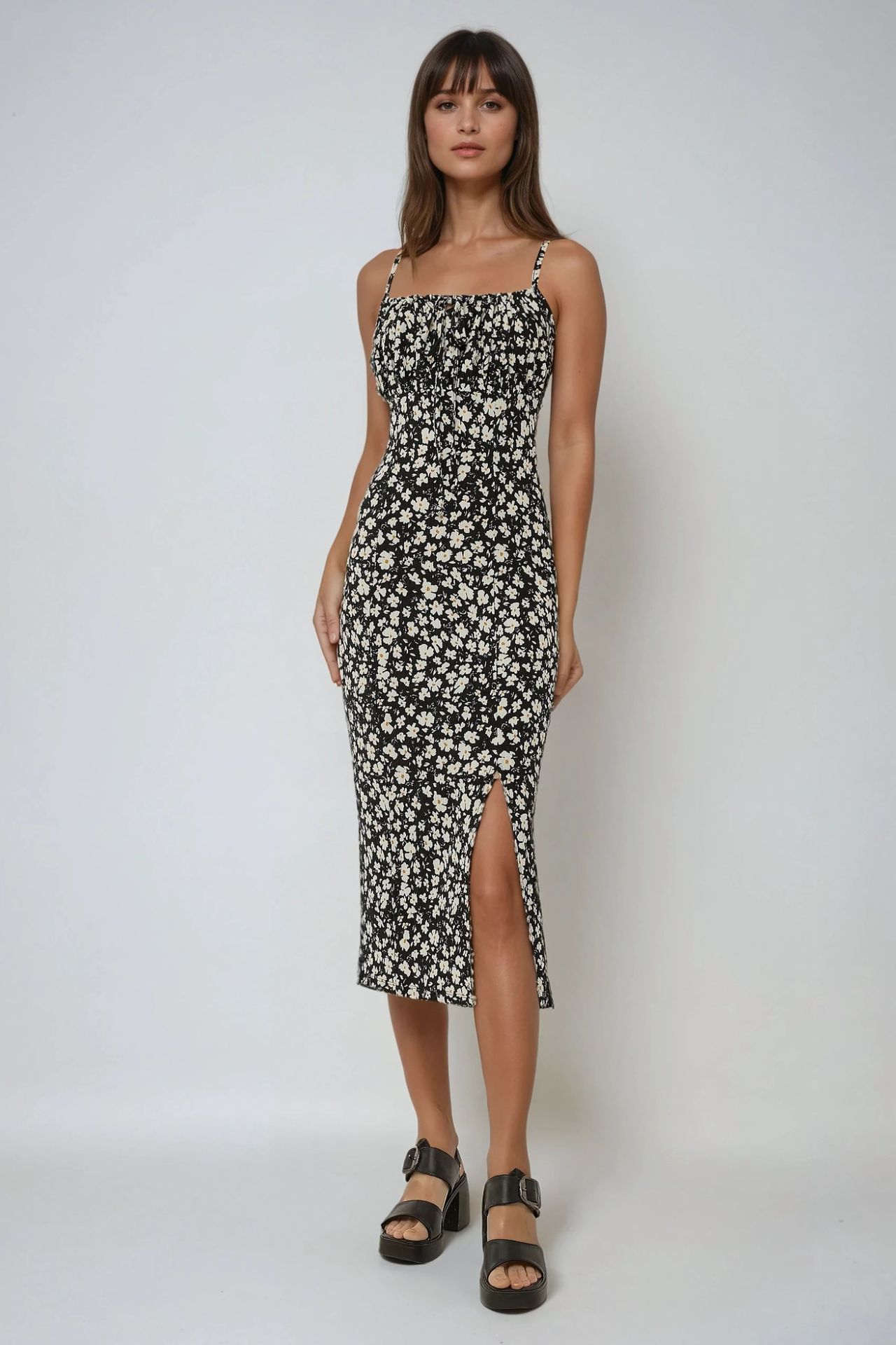 Allover Flower Print Bodycon Midi Dress with Slit