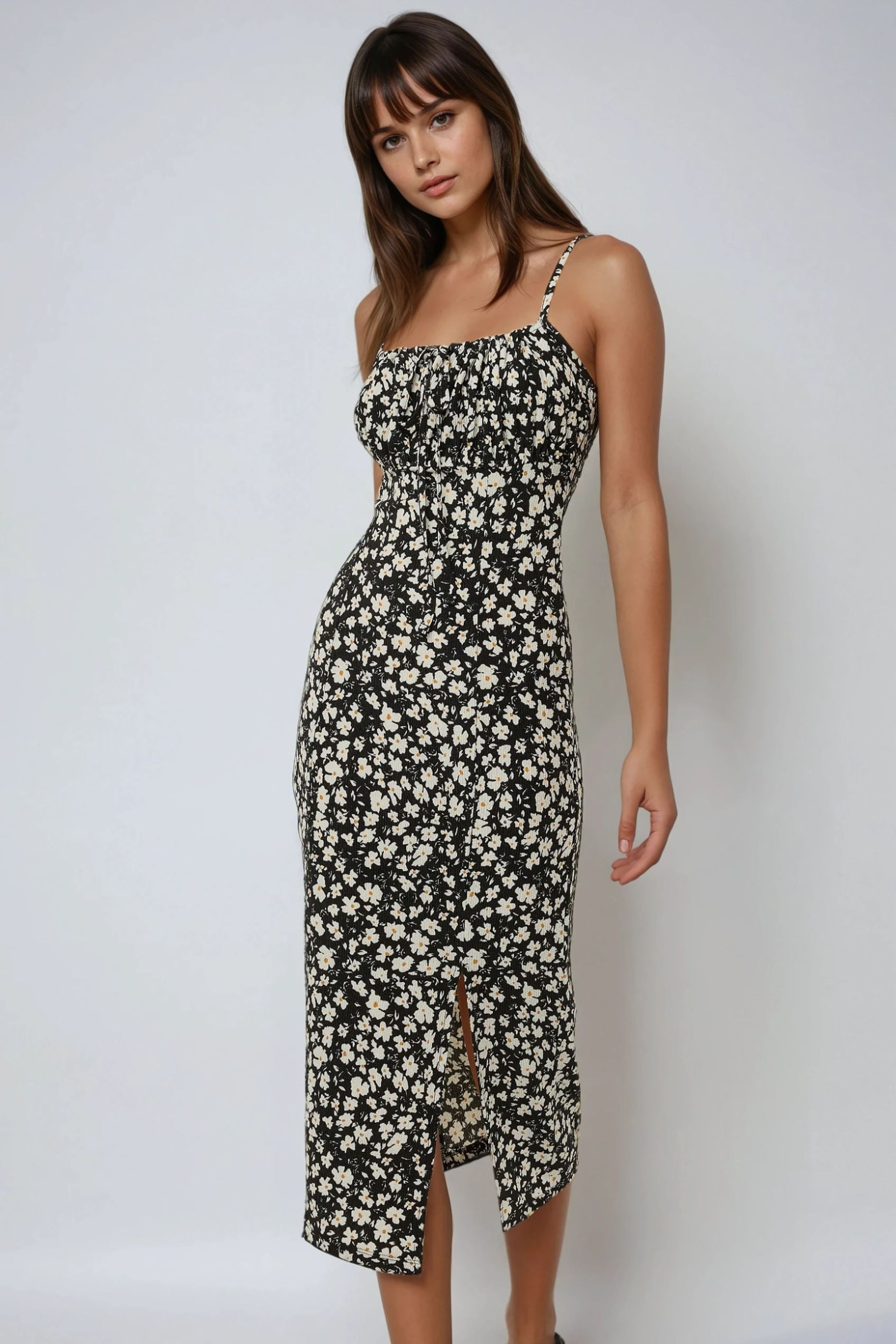 HiCCUP - Black Allover Flower Print Bodycon Midi Dress With Slit Women
