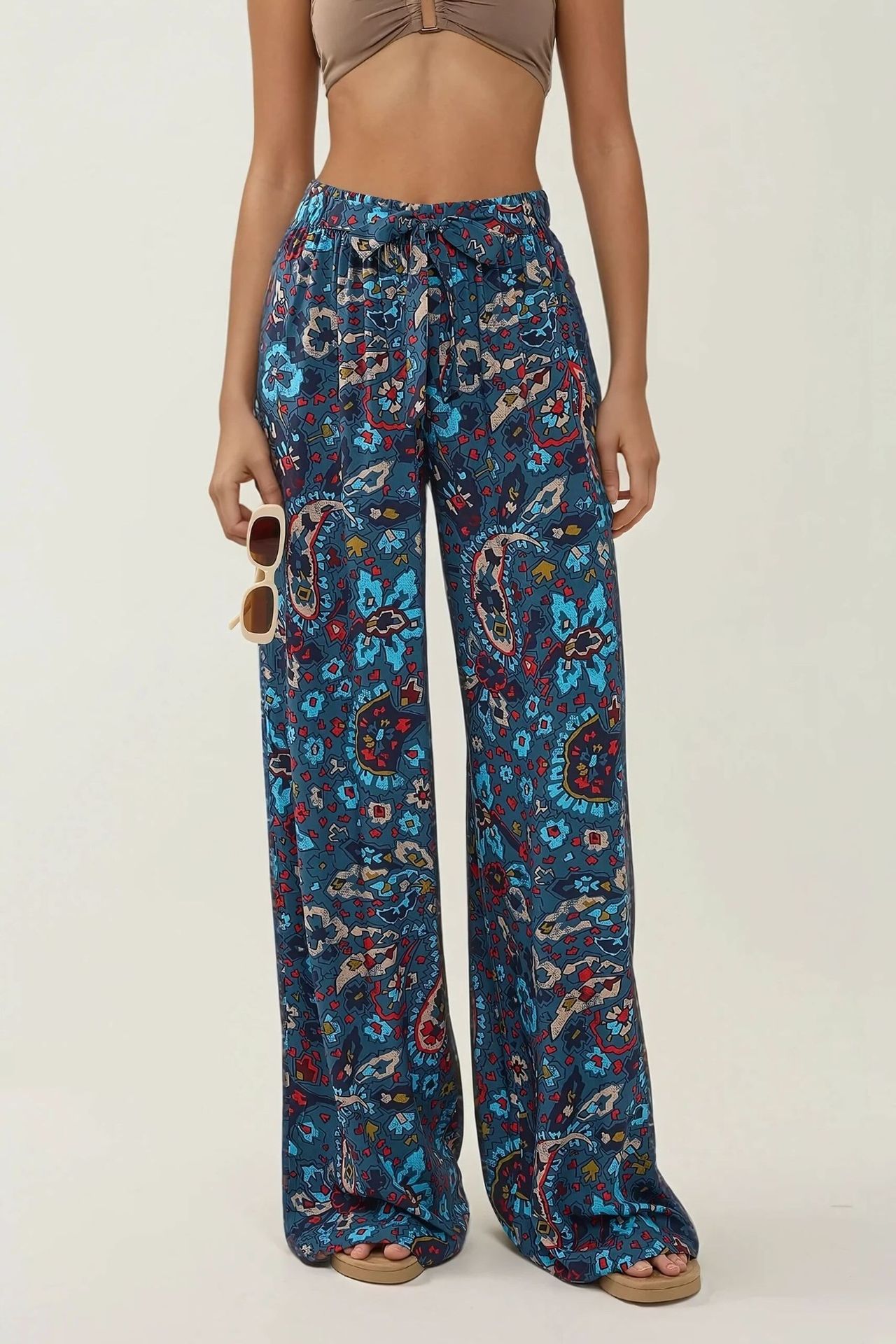 Wide Leg Elastic Waist Printed Pants