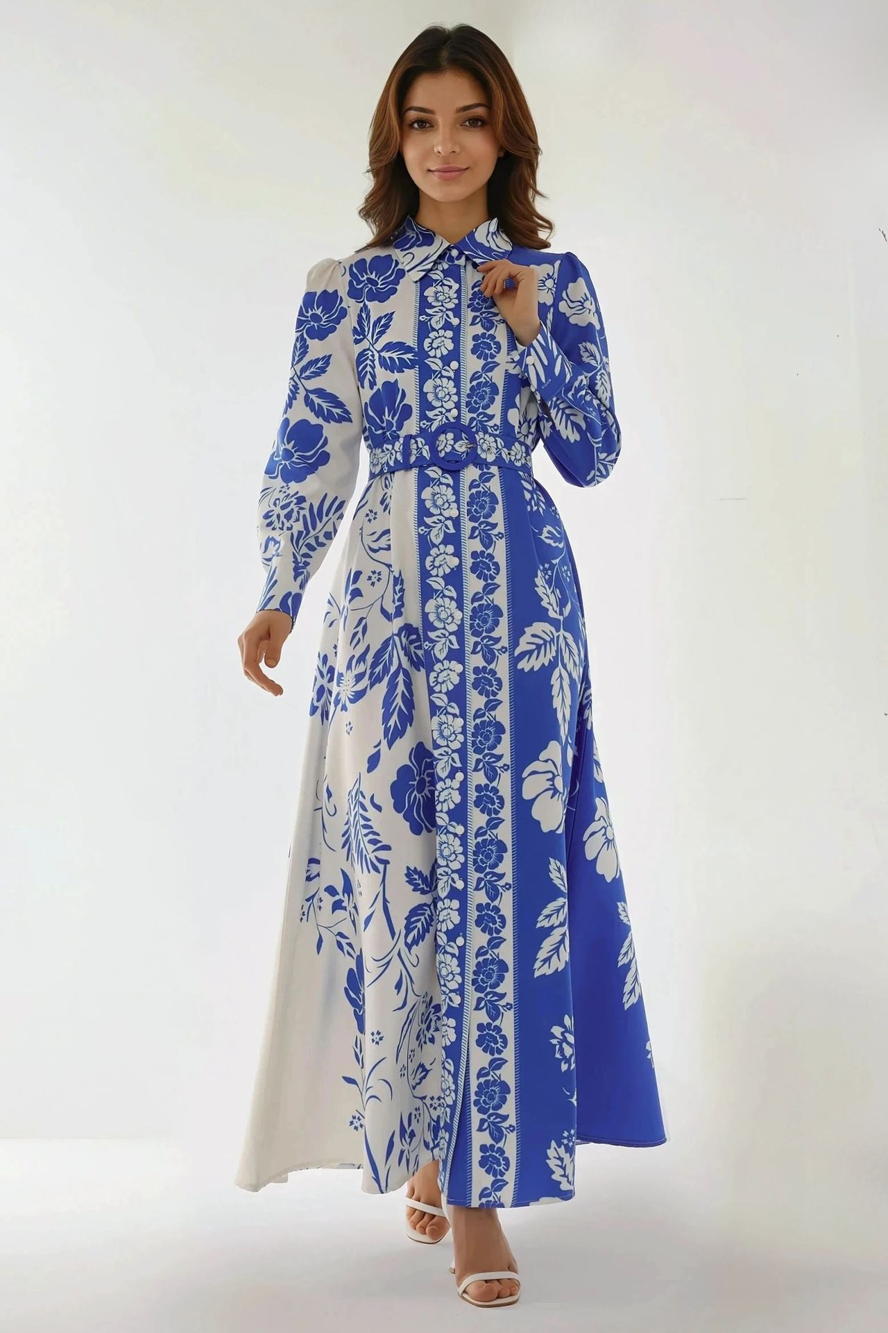 Printed Long Sleeve Maxi Dress with Belt
