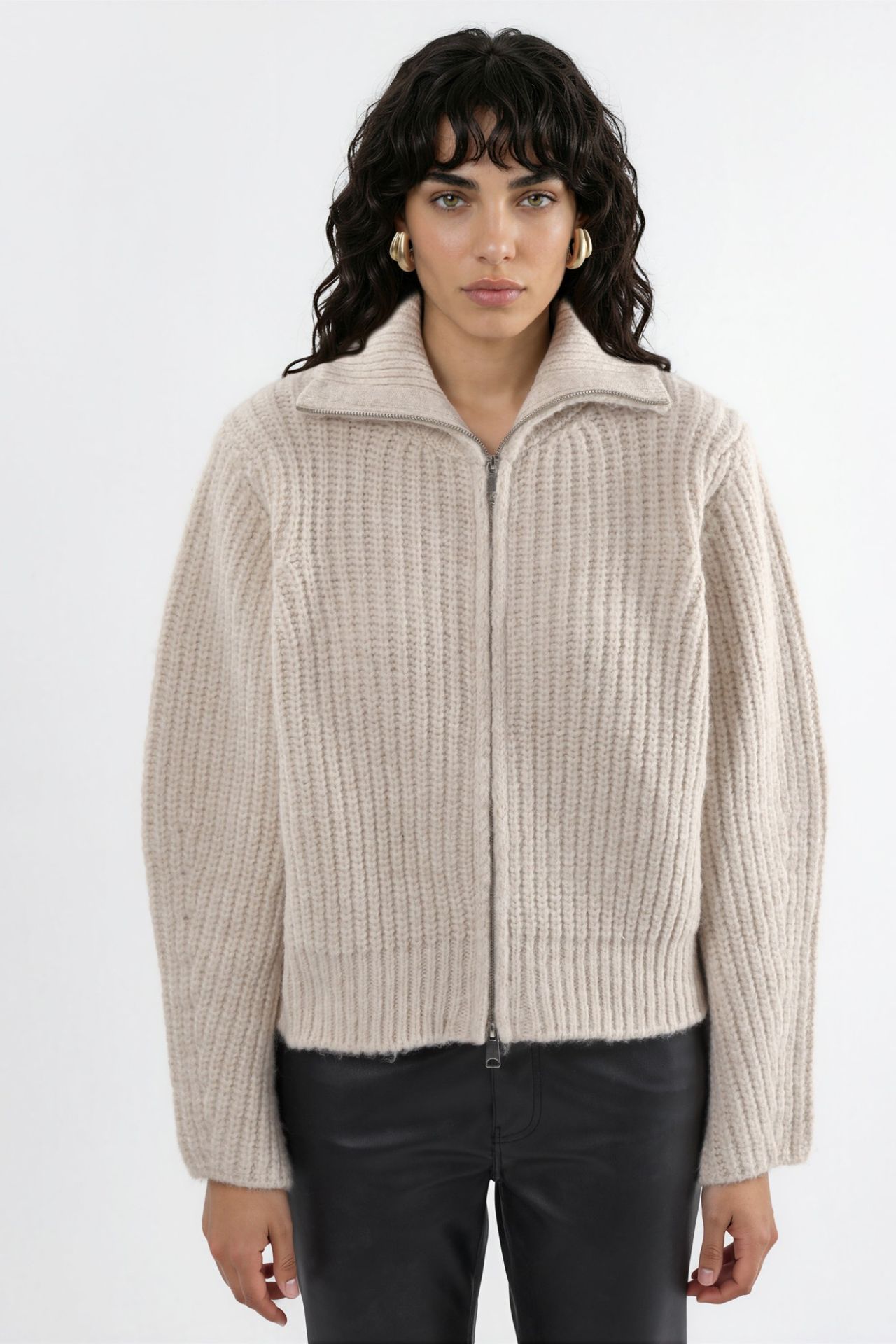 Thick Textured Turtleneck Zip-Up Cardigan