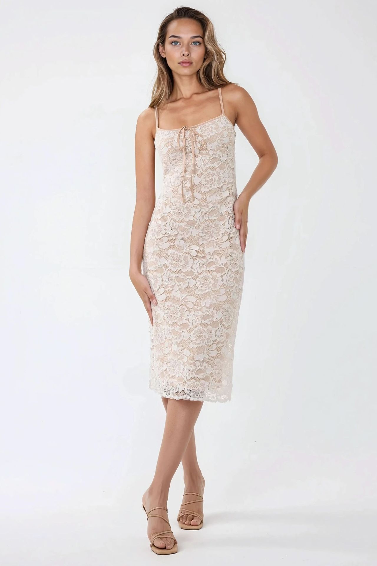 Square Collar Lace Midi Bodycon Dress