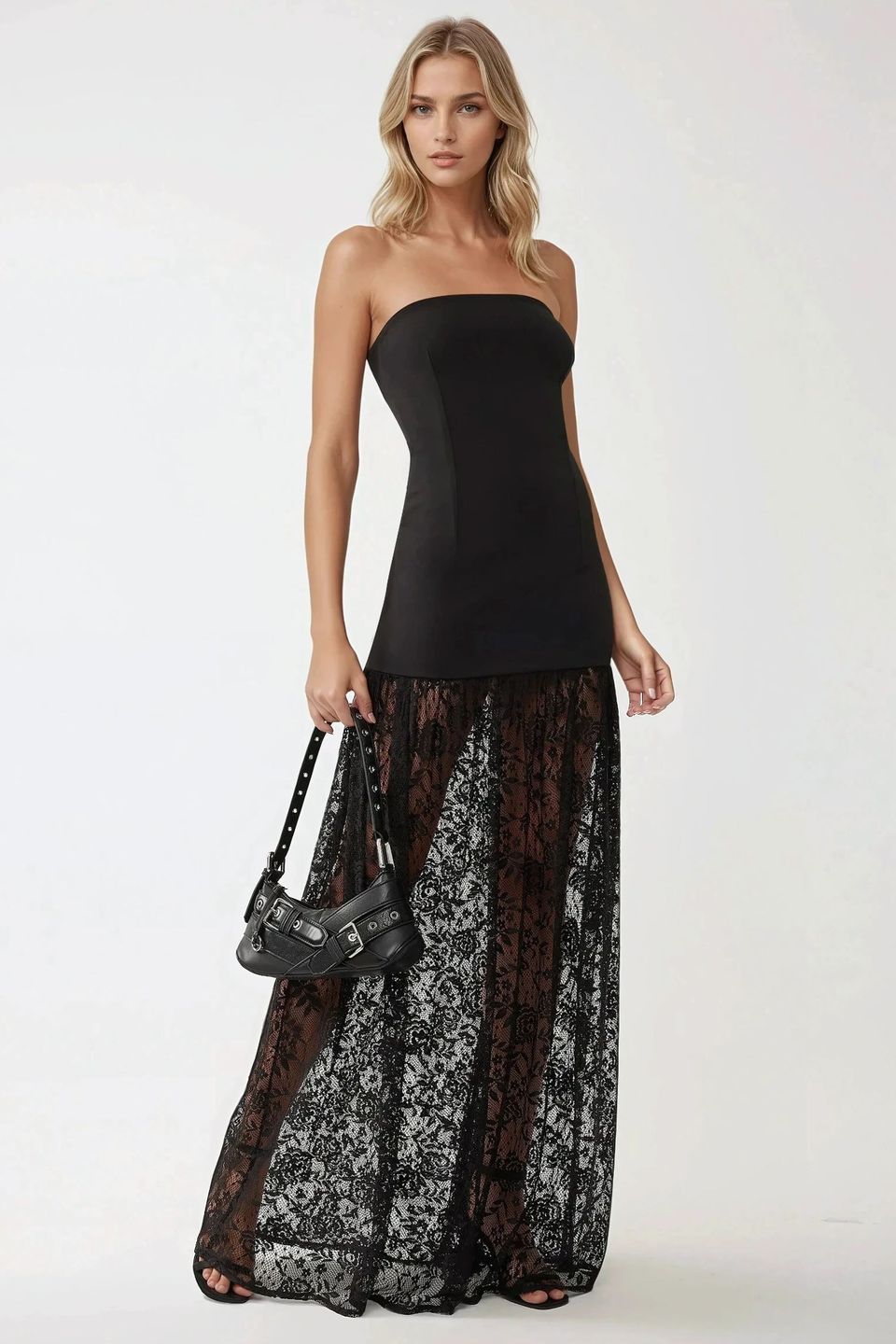 Strapless Maxi Bodycon Dress with Lace Details