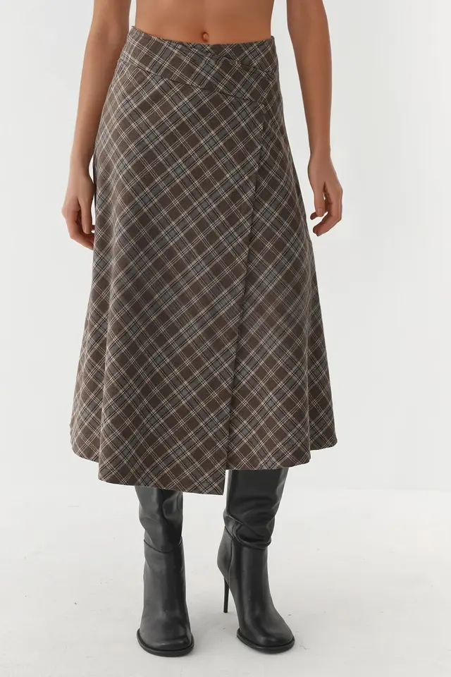 Plaid Maxi Skirt with Button Closure
