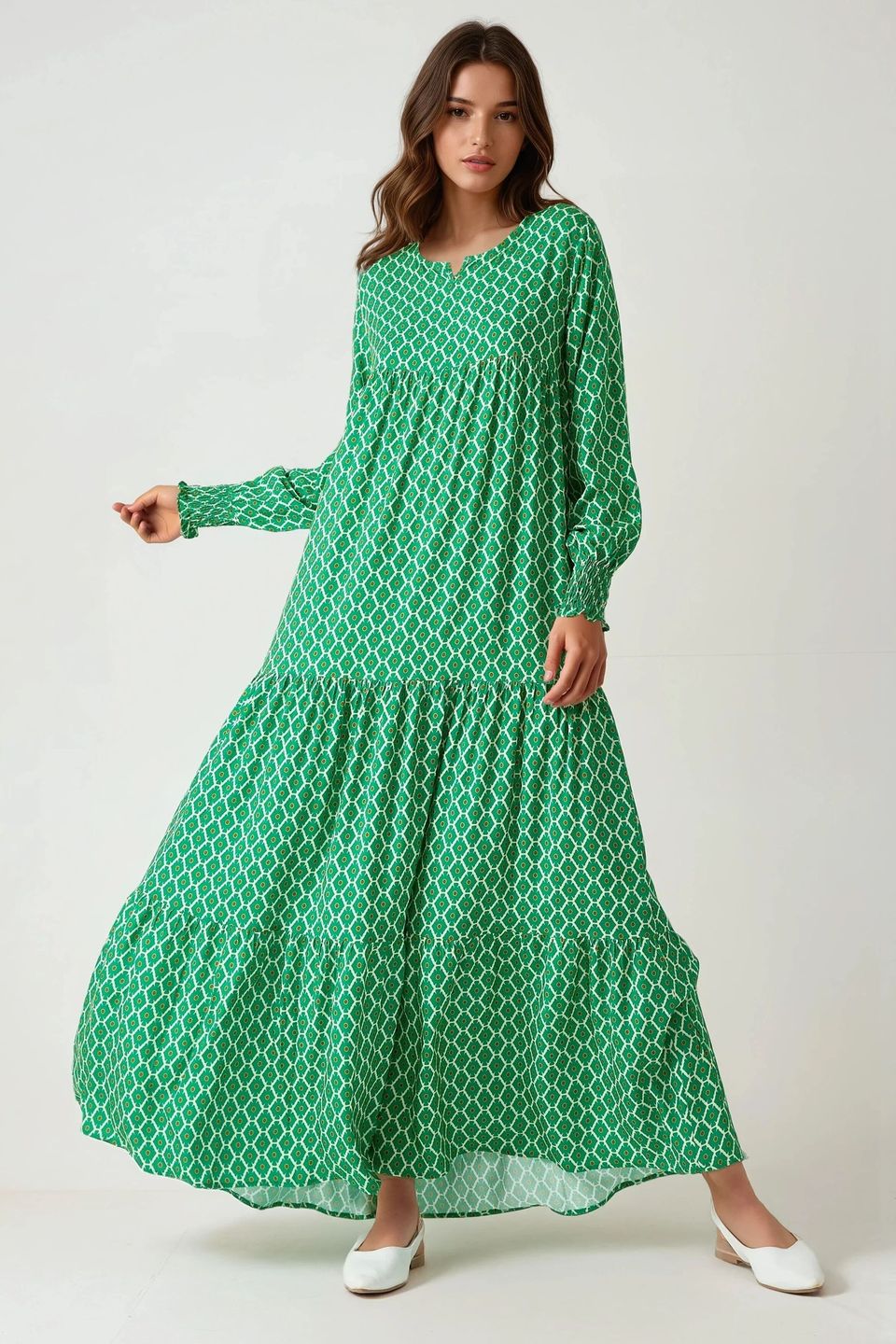 Printed Crew Neck Viscose Maxi Dress