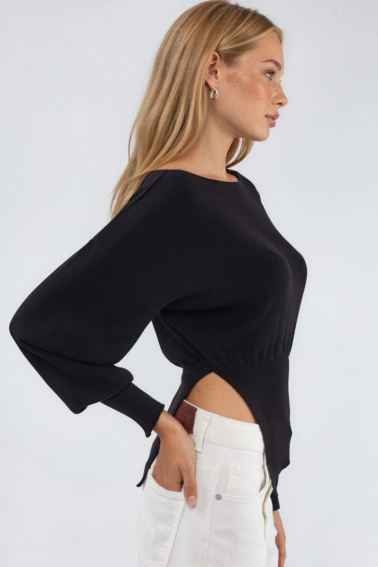 Mercerized Look Boat Neck Knit Sweater with Slit Detail 2