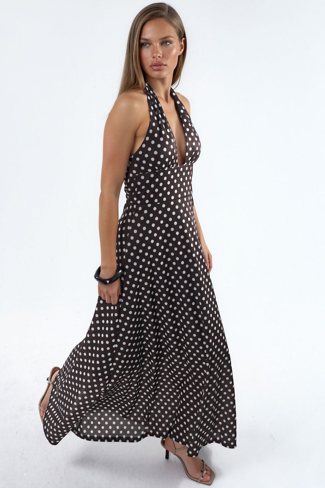 Polka Dot Midi Dress with Halter Collar