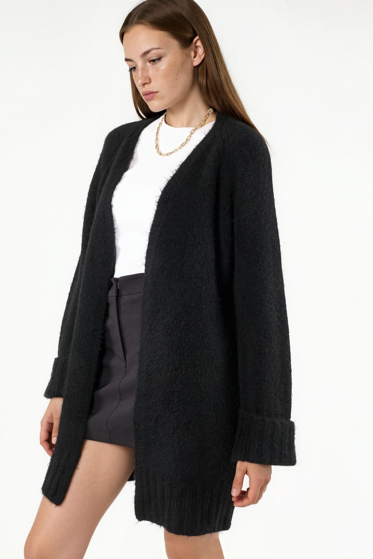 Long Ribbed Knit Cardigan with Open Collar 2