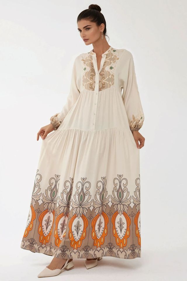 Printed Long Sleeve Viscose Maxi Dress 
