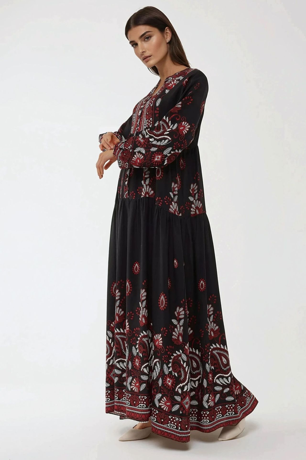 Printed Long Sleeve Viscose Maxi Dress 