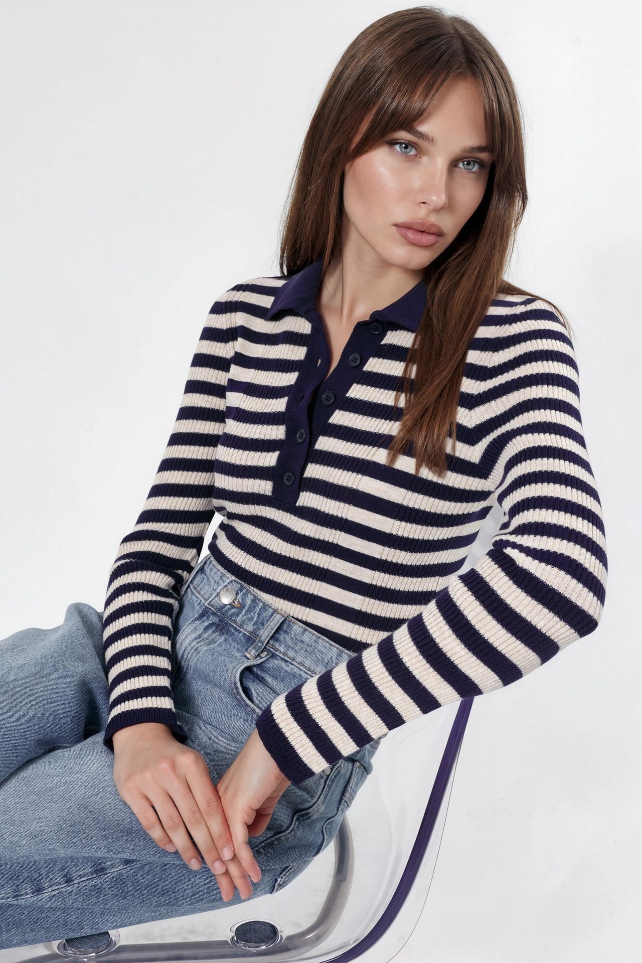Striped Ribbed Button Polo Sweater 1