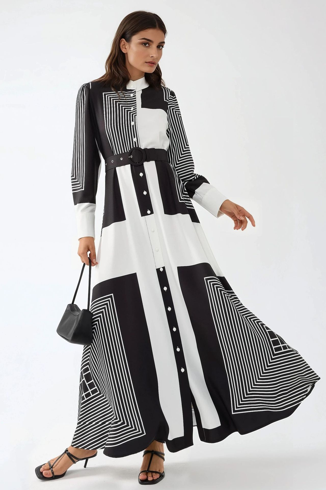 Printed A-Form Maxi Dress with Belt