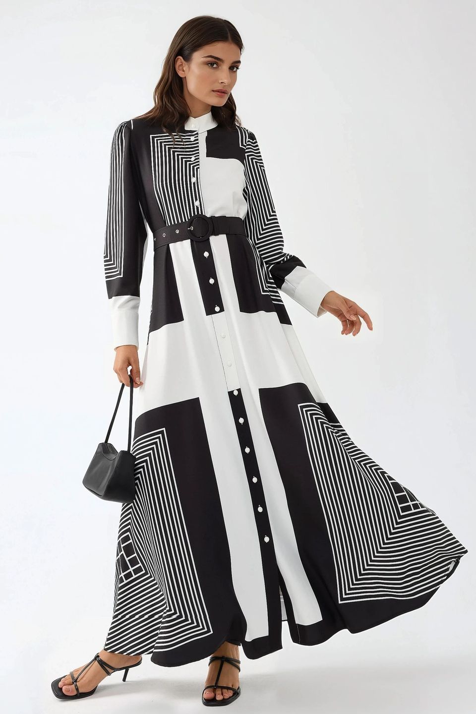 Printed A-Form Maxi Dress with Belt
