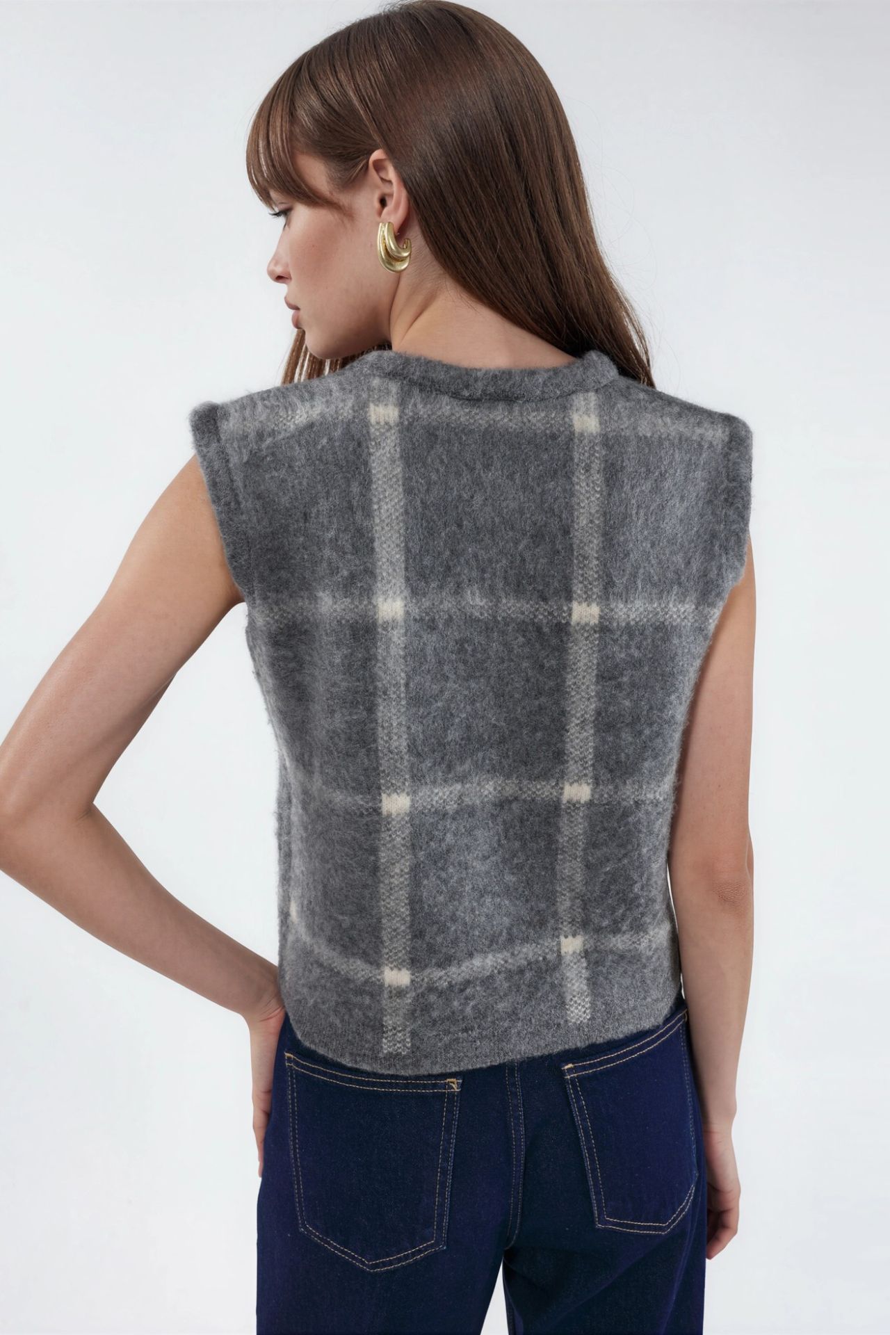 Plaid Crew Neck Sweater Vest with Buttons 2