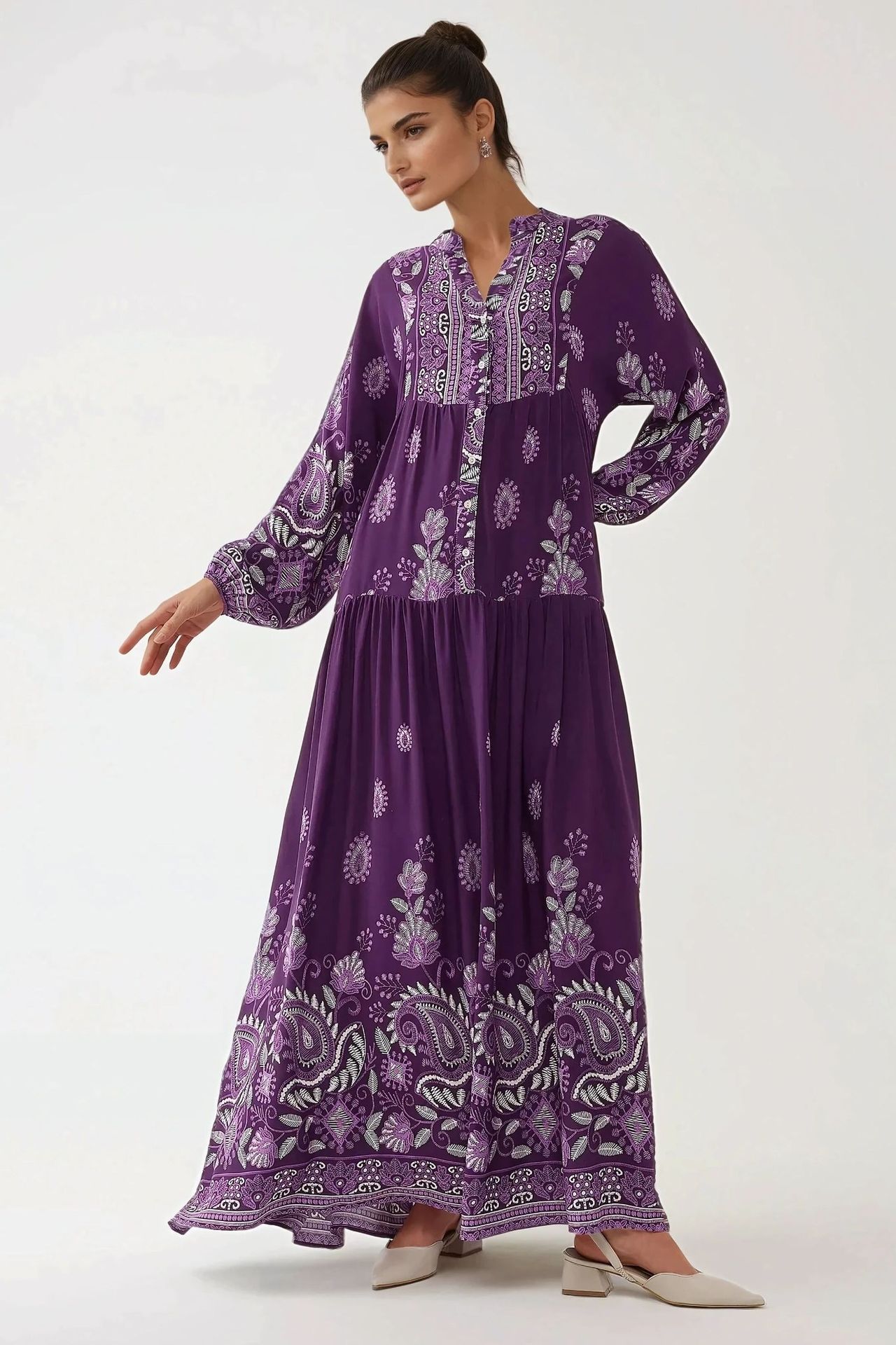 Printed Long Sleeve Viscose Maxi Dress 