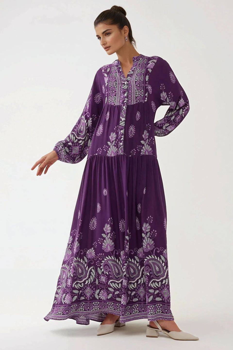 Printed Long Sleeve Viscose Maxi Dress 