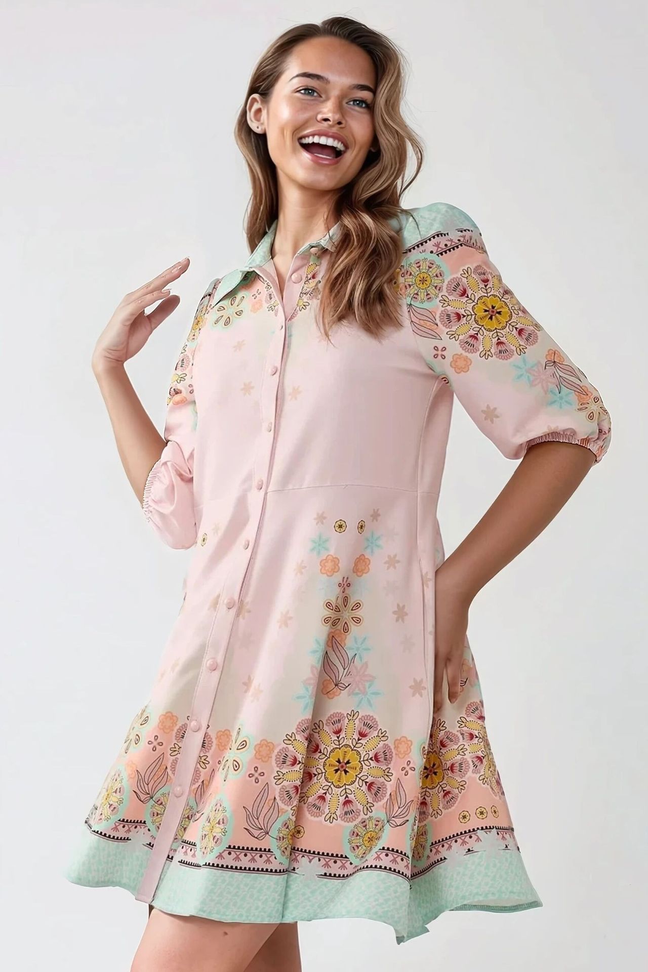 Printed Mini Dress with Shirt Collar