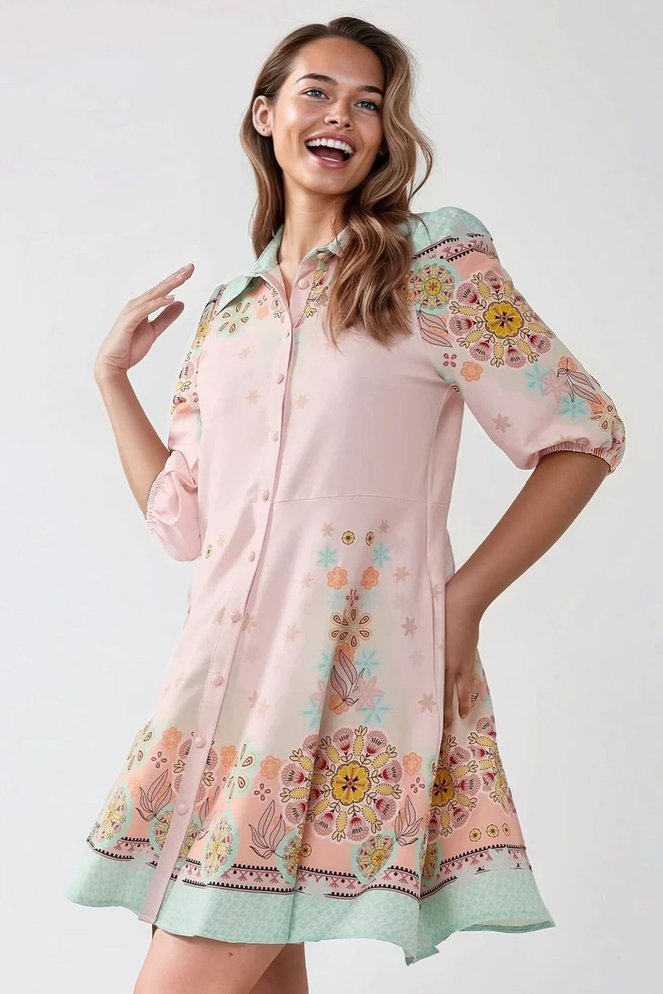 Printed Mini Dress with Shirt Collar
