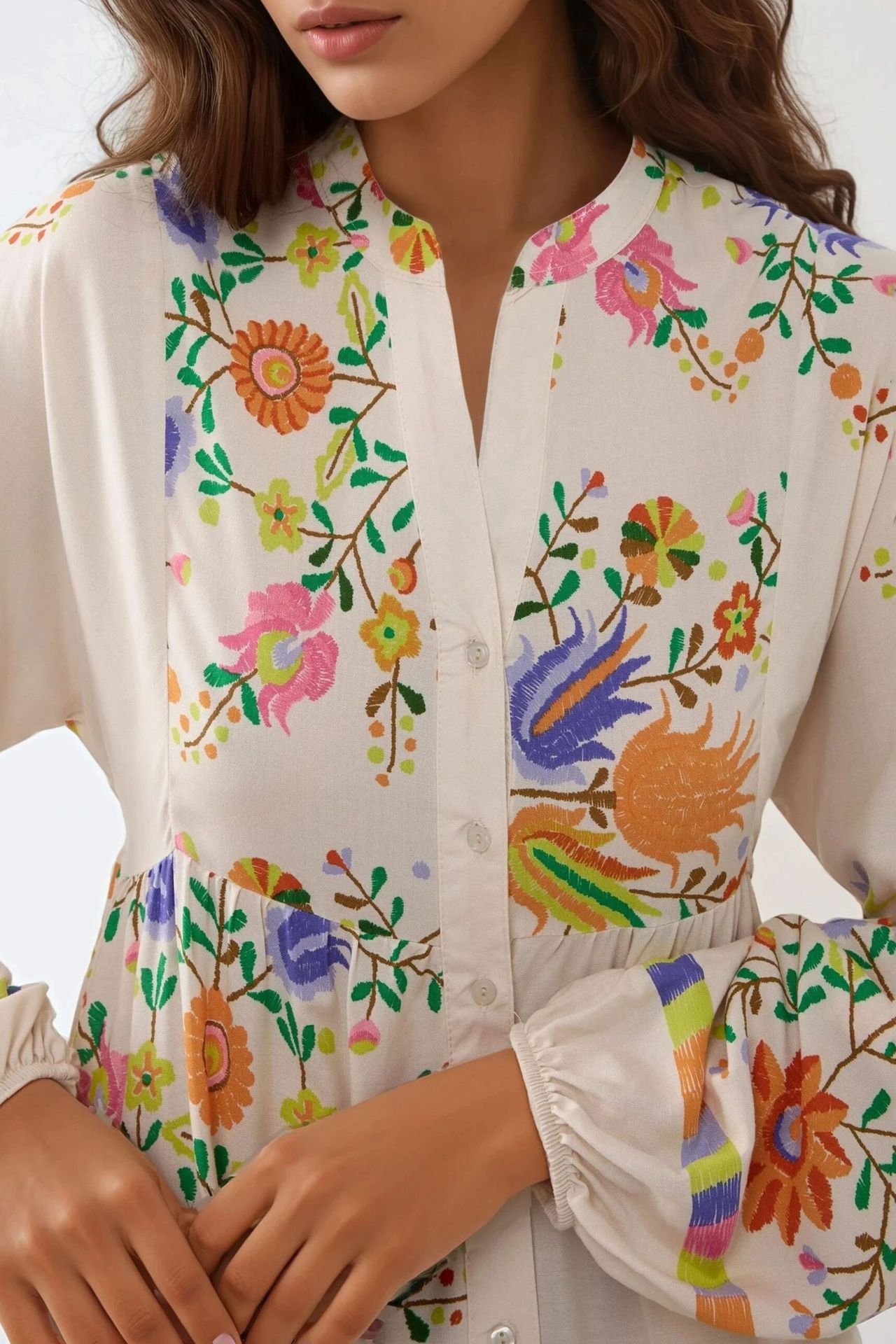 Printed V-Neck Maxi Dress with Button Detail