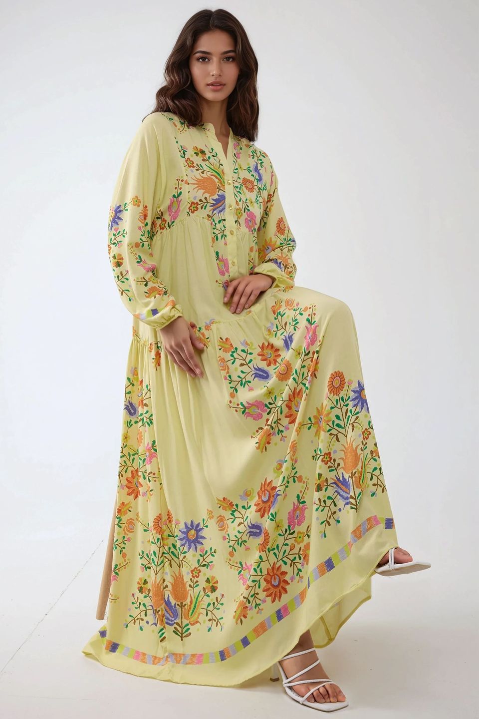 Printed V-Neck Maxi Dress with Button Detail